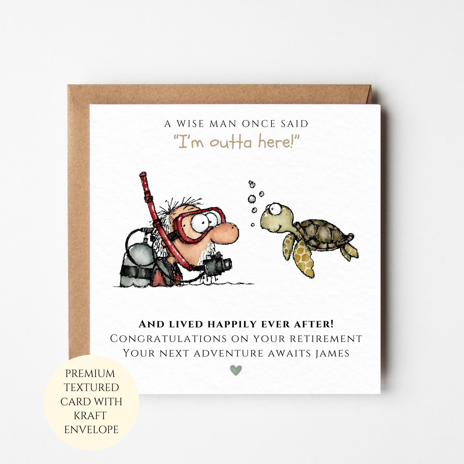 Retirement Card, Scuba Turtle Illustration (Textured Paper, Personalised)