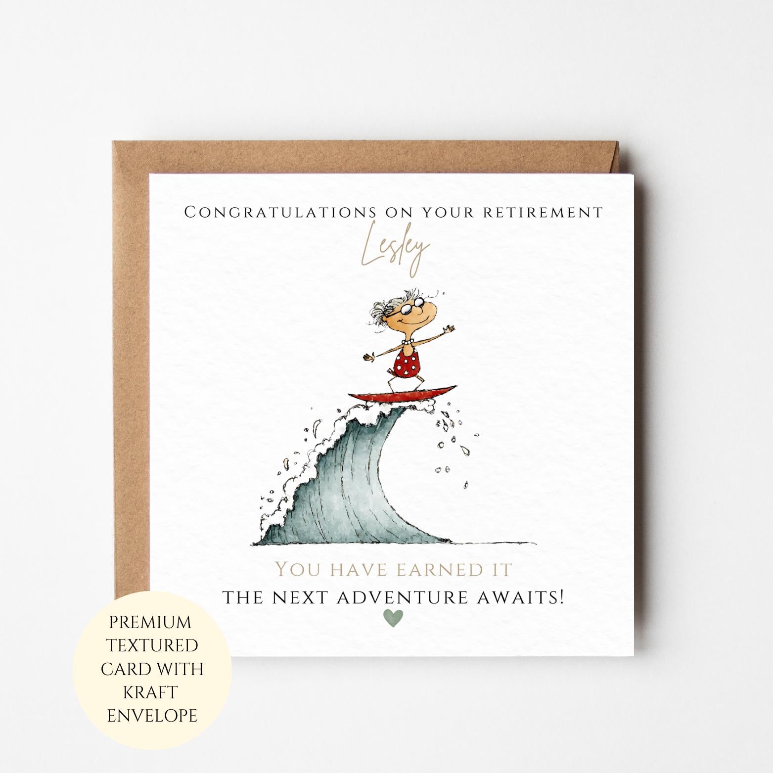 Surfing Retirement Card for Her - Fun Beach Adventure Design