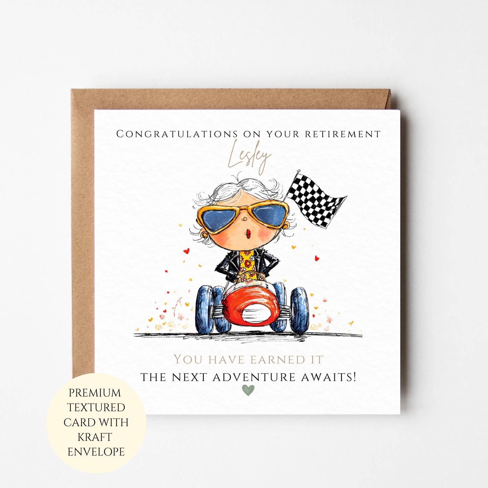 Retirement Card for Her: Fun Go Kart Design, Adventure Theme