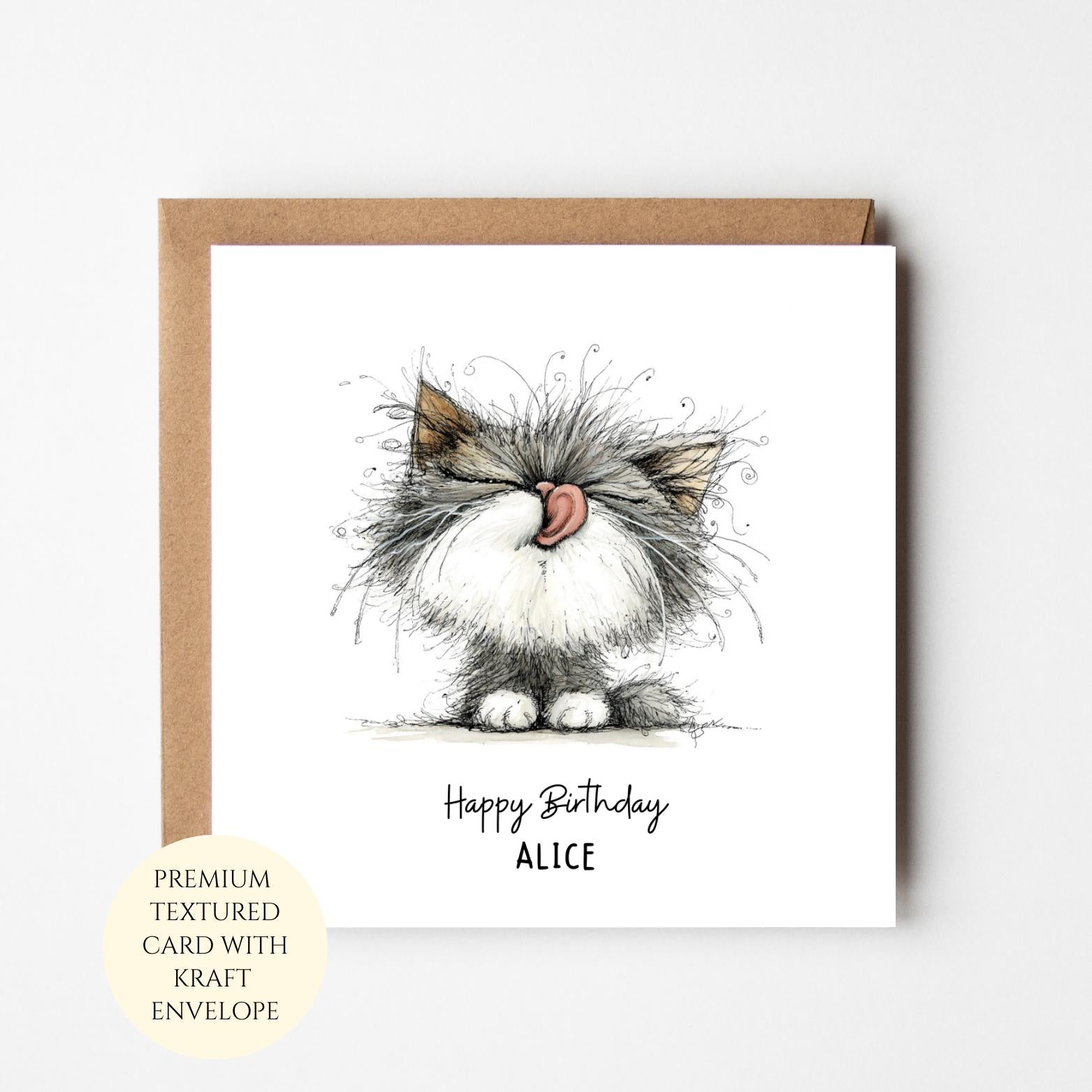 Personalised Cat Birthday Card, Whimsical Sketch, For Friend, Sister, Mum