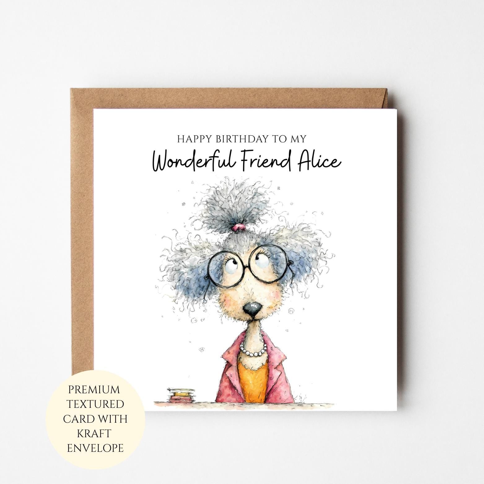 Dog Birthday Card, Whimsical Illustration, Dog Mum Gift, Textured, Kraft Envelope