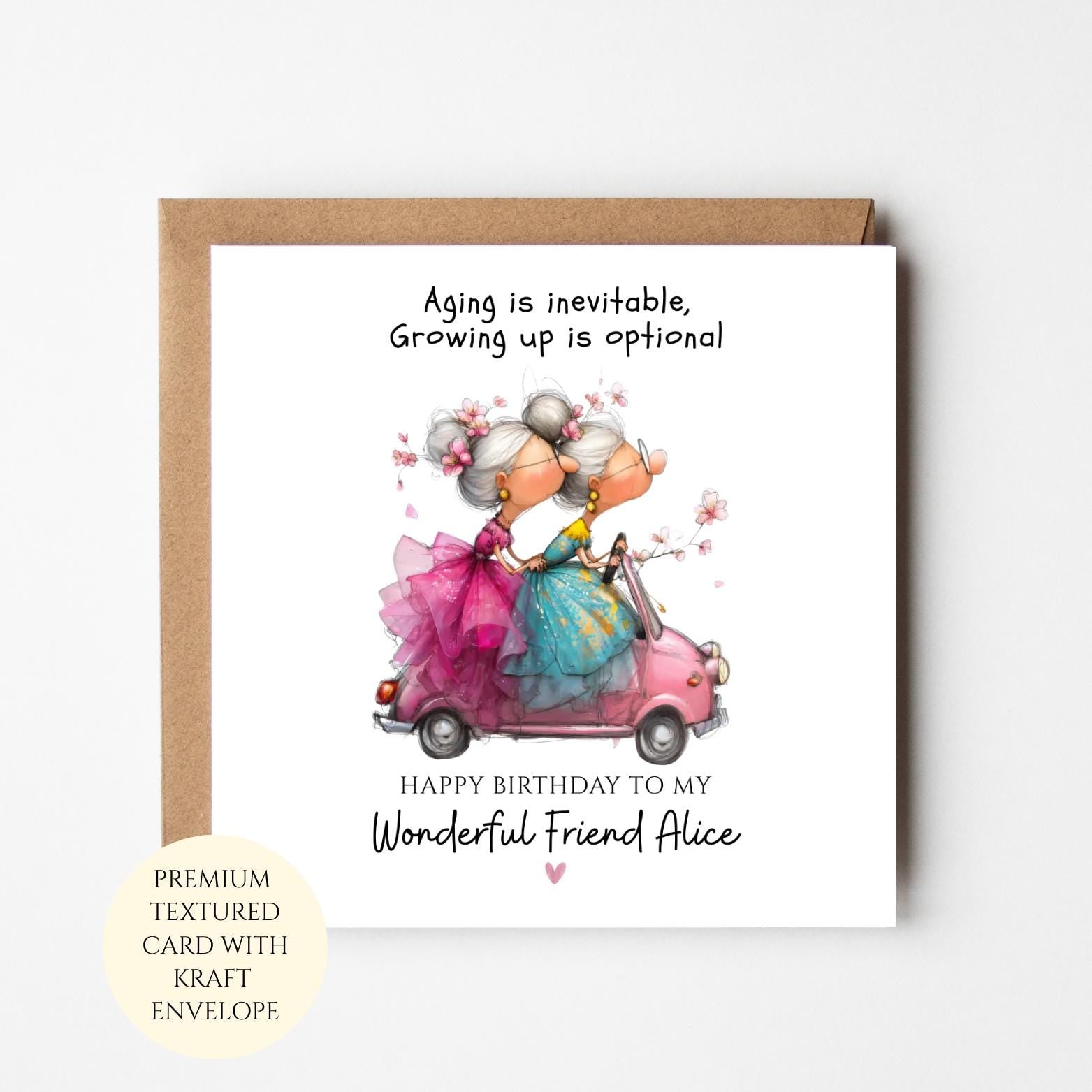 Funny Birthday Card for Friend – Growing Old Is Optional, Humorous Illustration