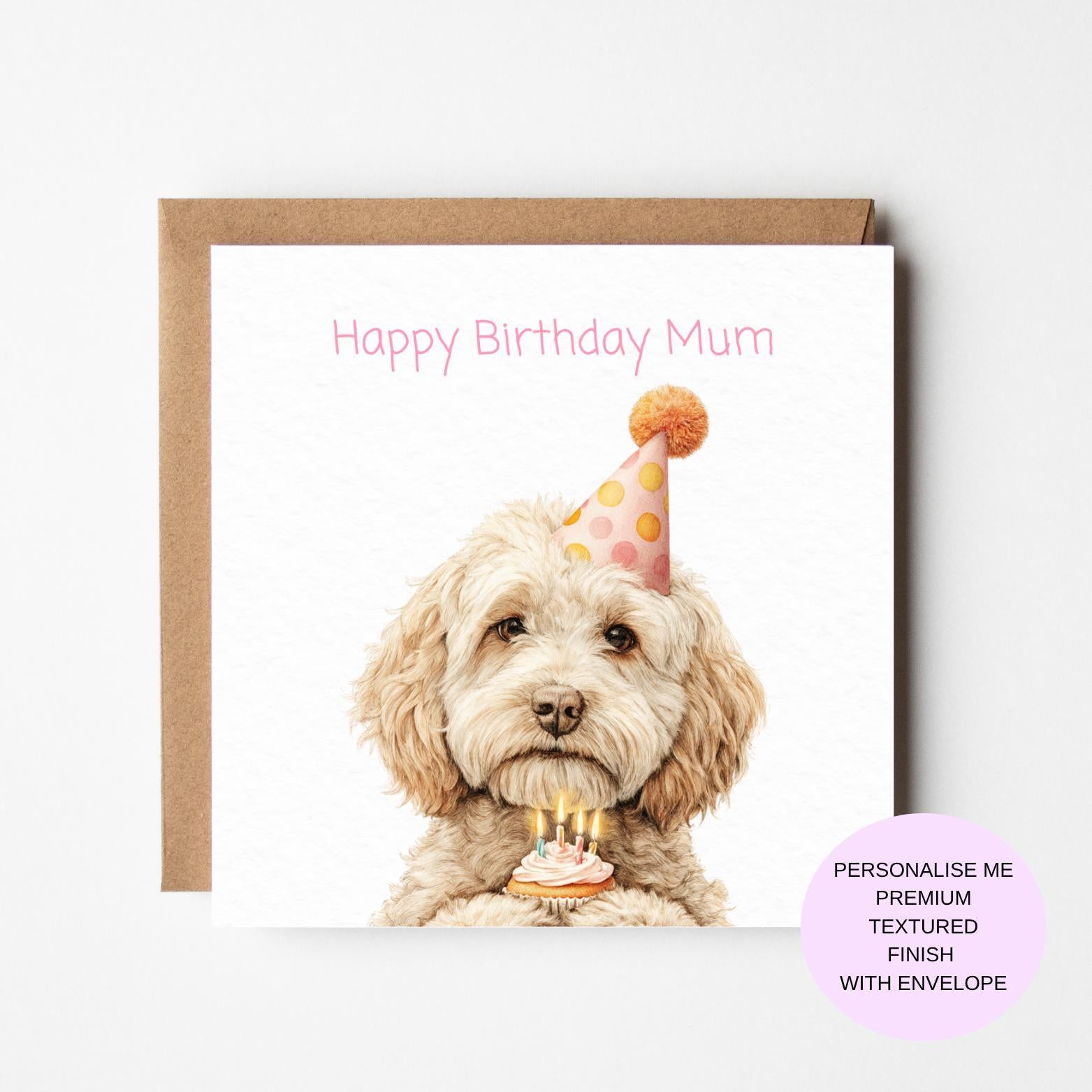 Watercolor Cockapoo Birthday Card: Personalised Dog Mum Card