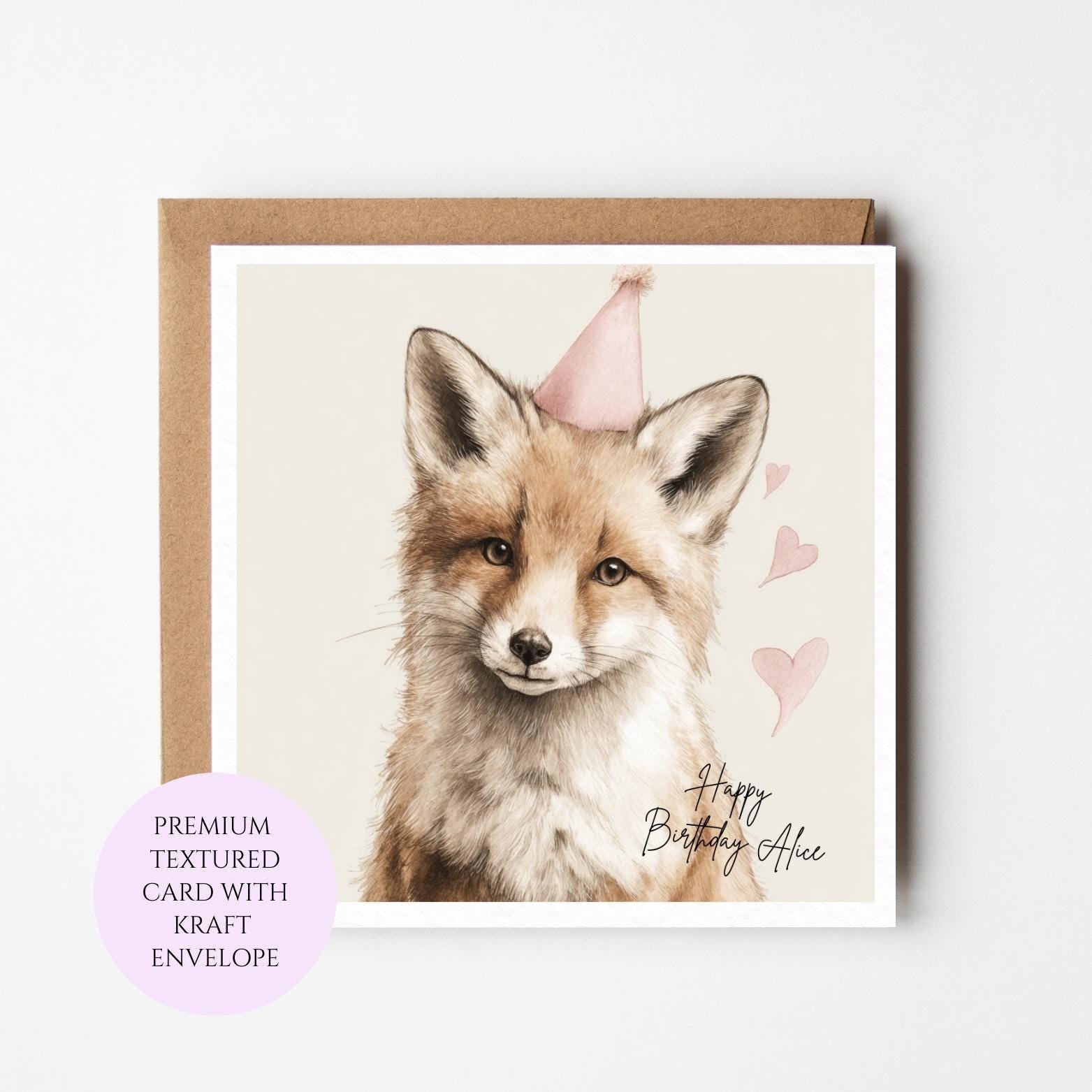 Personalised Fox Birthday Card – Watercolor Woodland Animal Illustration, Kraft Envelope