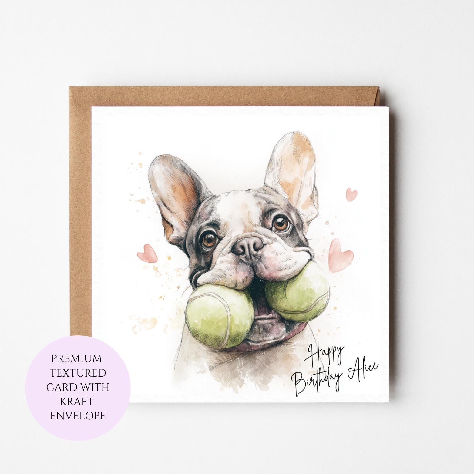 French Bulldog Birthday Card: Watercolor Dog with Tennis Balls, Dog Lover Gift