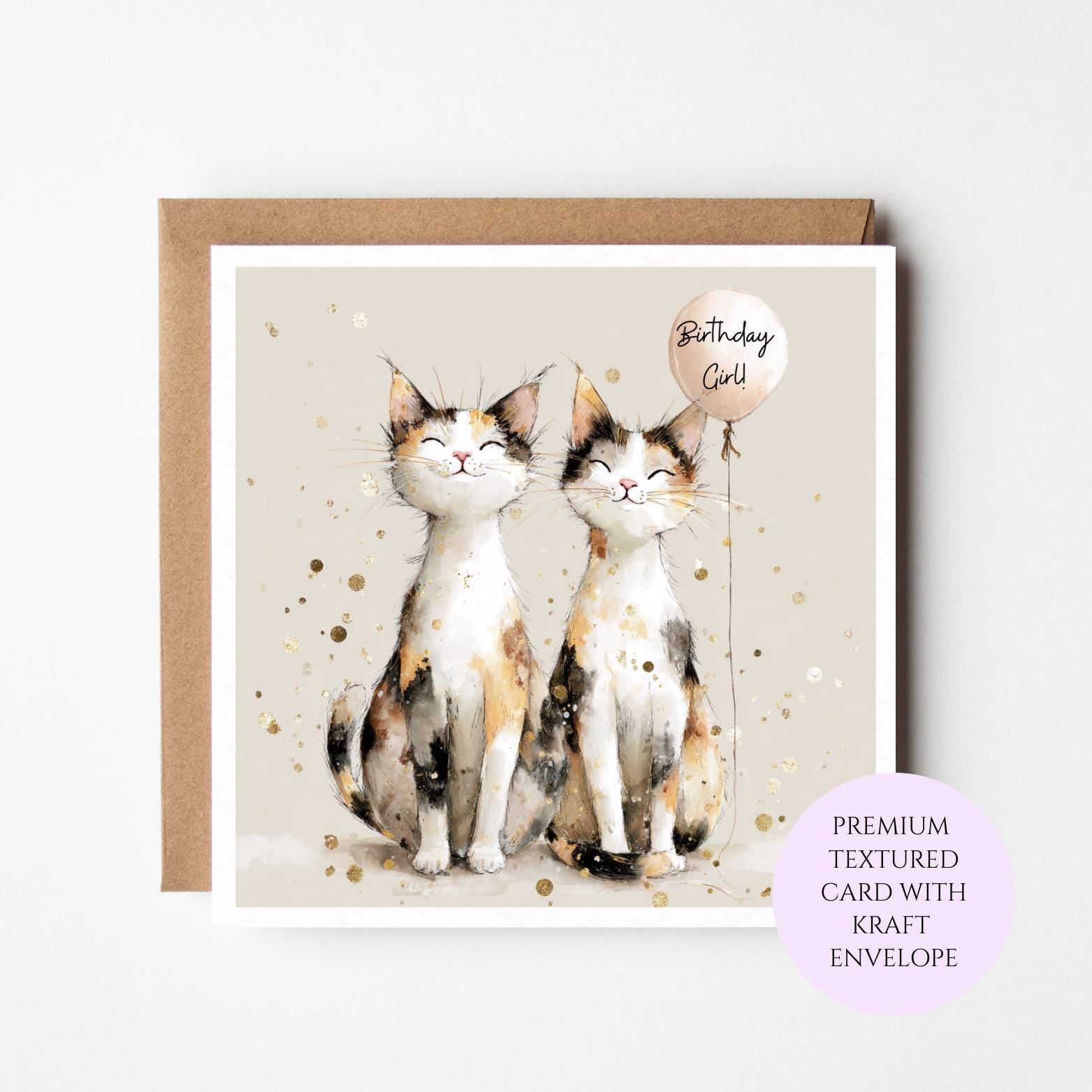 Calico Cat Birthday Card – Whimsical Balloon Illustration for Her
