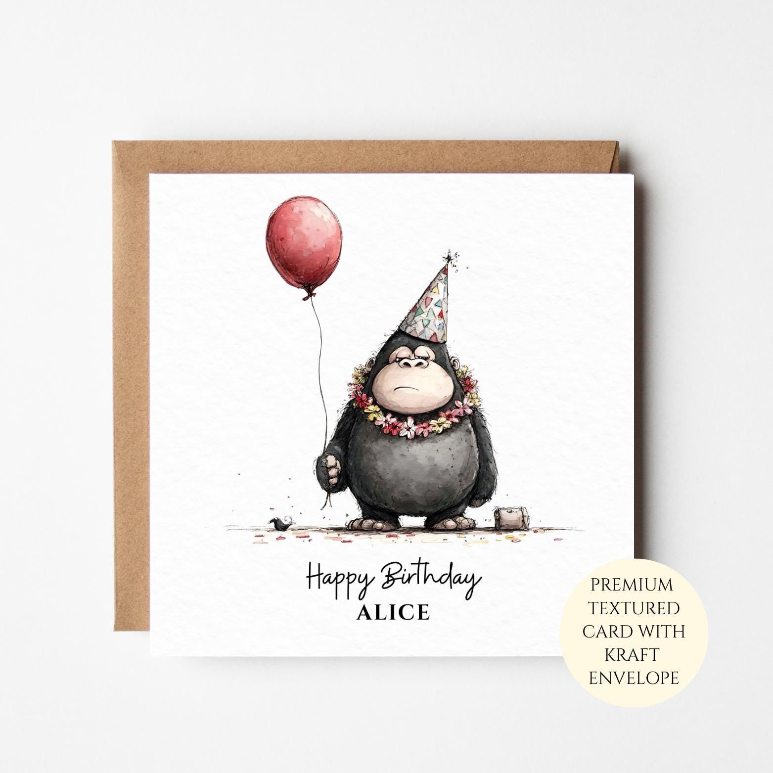 Personalised Funny Gorilla Birthday Card for Him or Her – Animal Birthday Gift