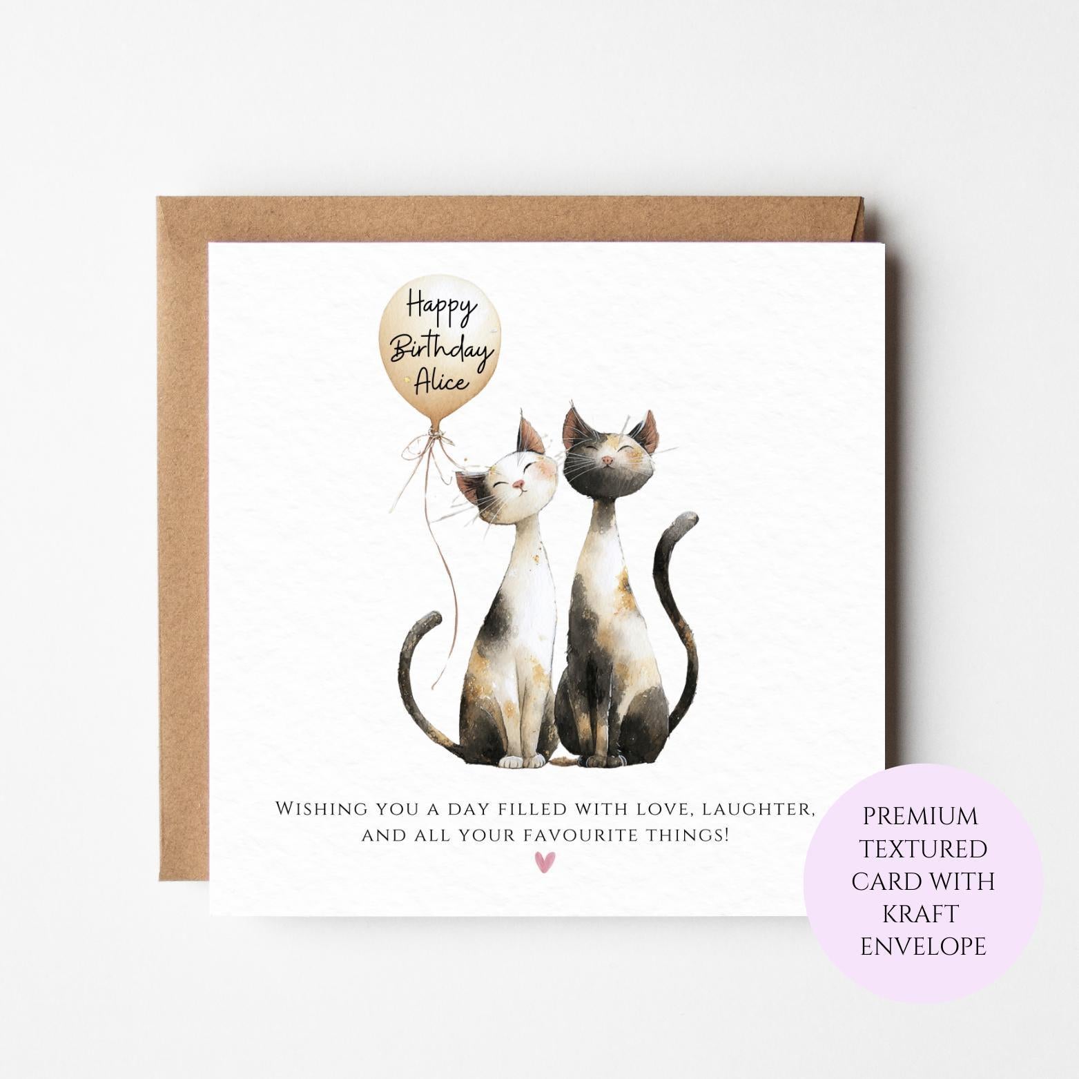 Personalised Cat Birthday Card, Two Cats Illustration, Textured Cardstock, Kraft Envelope