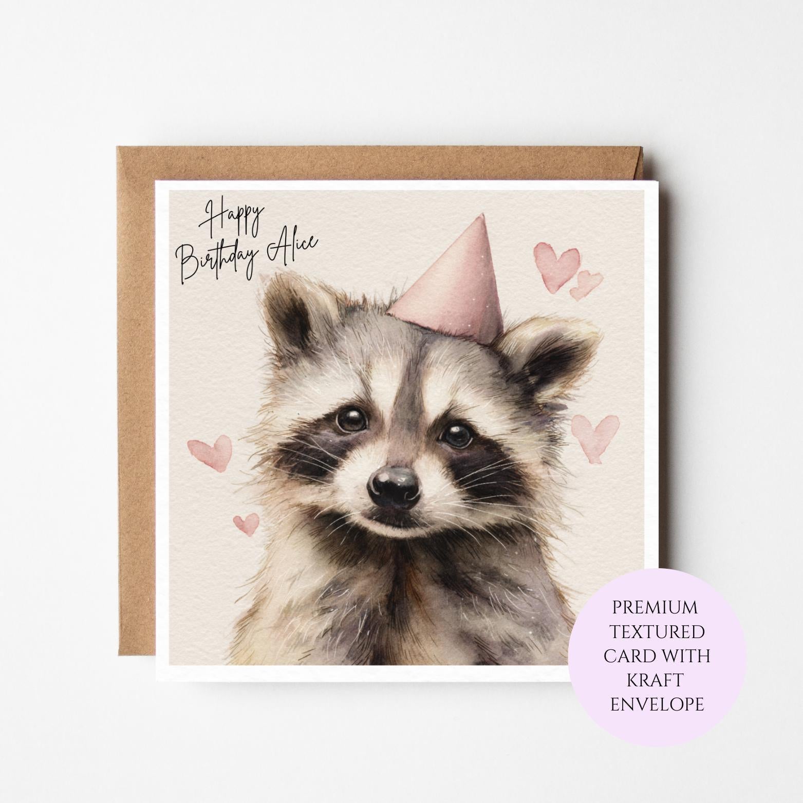 Personalised Raccoon Birthday Card – Watercolor Woodland Animal Greeting for Sister, Friend, Mum daughter
