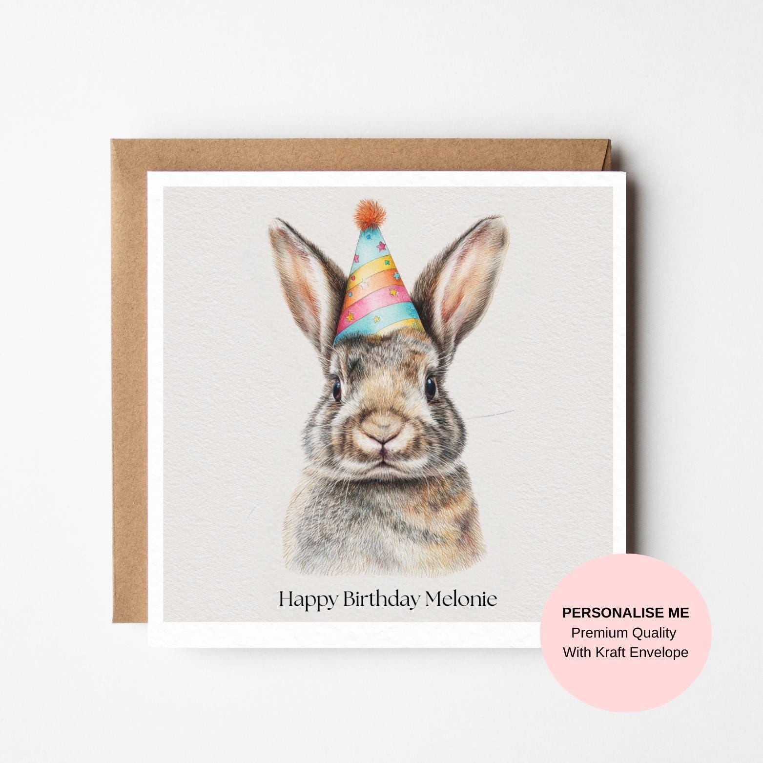 Illustrated Bunny Birthday Card: Personalised Name, Party Hat Rabbit Greeting (Kraft Envelope)