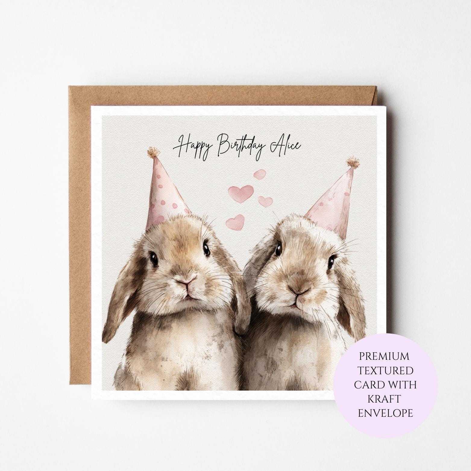 Personalised Bunny Birthday Card – Watercolour Rabbits, Sister, Friend, Mum