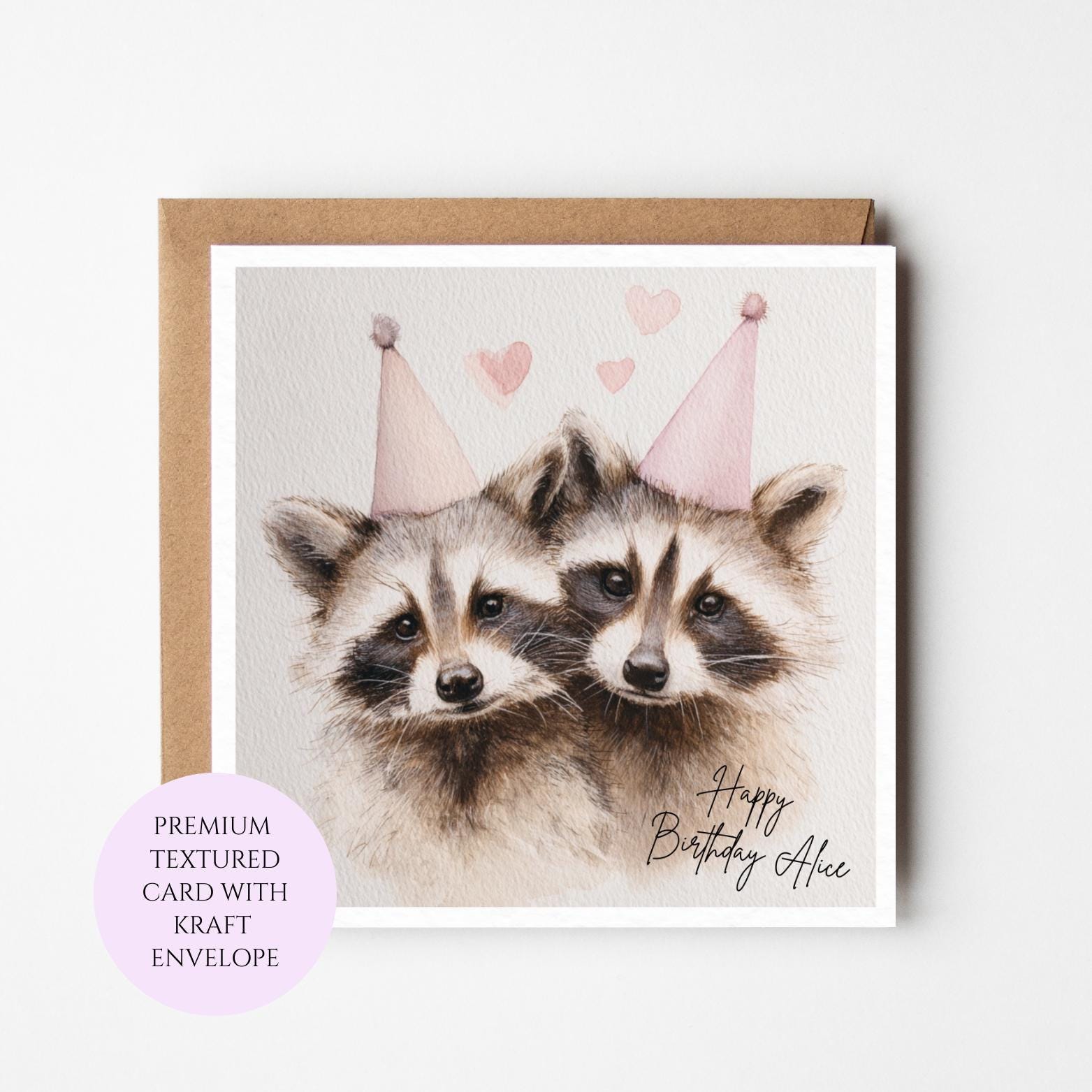 Personalised Raccoon Birthday Card – Watercolour Woodland Animals, Sister, Friend, Mum