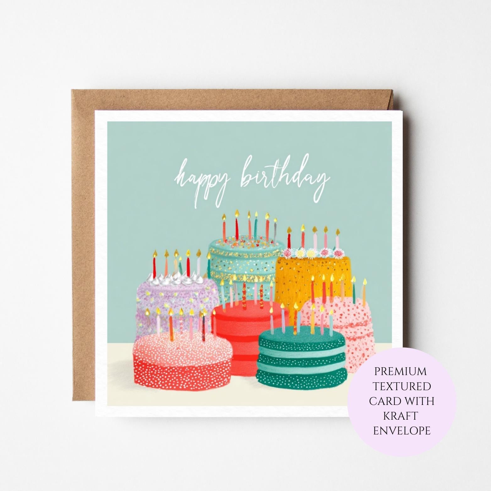 Colorful Birthday Cakes Card: Festive Celebration Greeting ( Textured Card)
