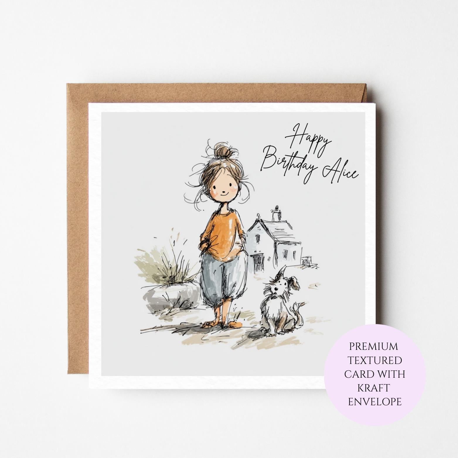 Girl and Dog Birthday Card: Countryside Illustration, Dog Lover Gift