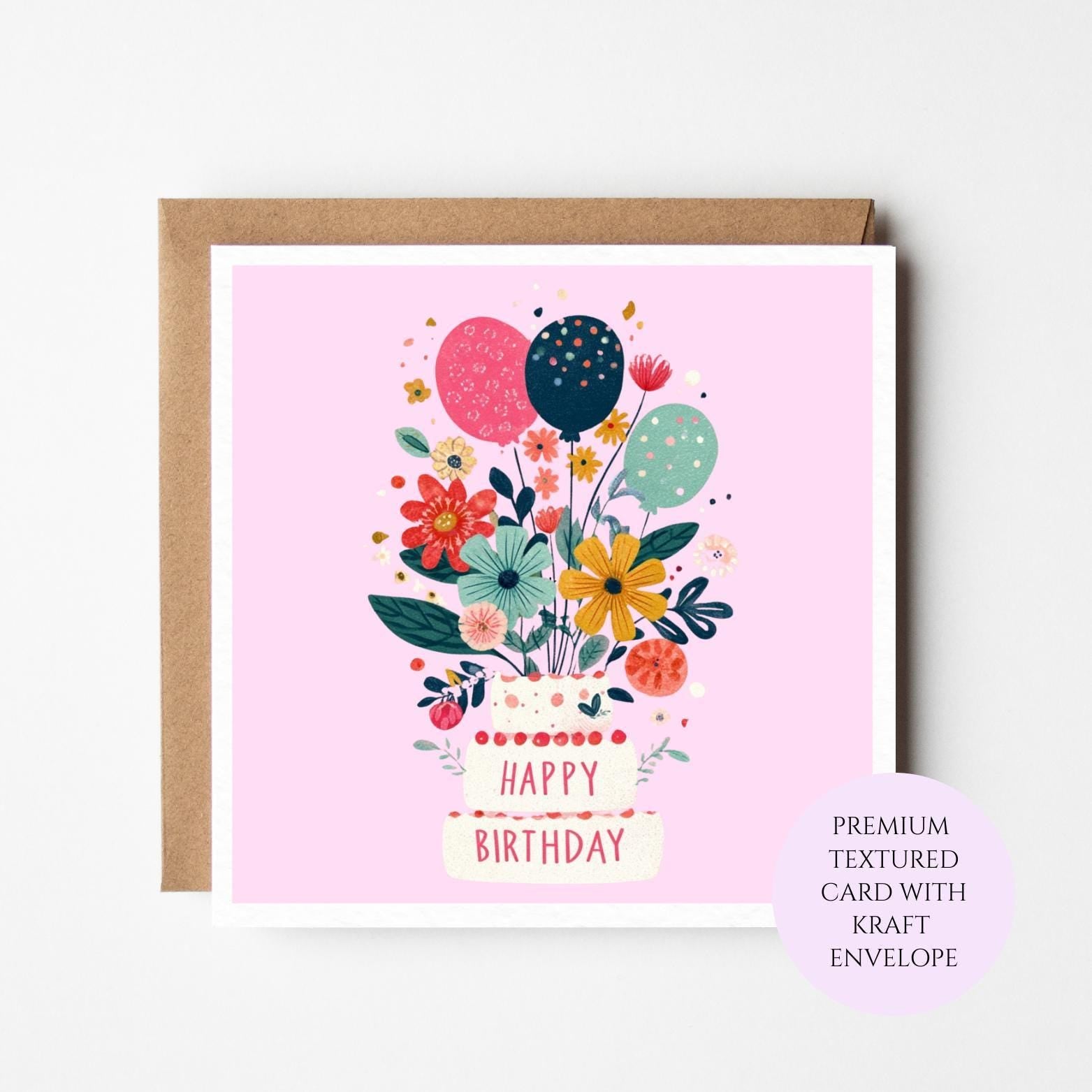Floral Birthday Card: Illustrated Bouquet Design, Botanical Celebration Greeting (Kraft Envelope)