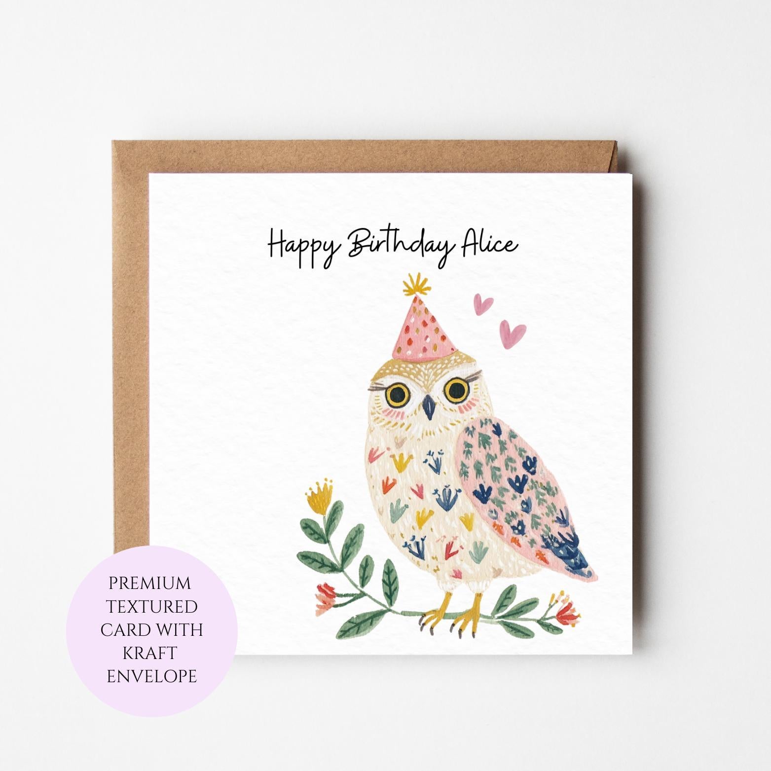 Whimsical Owl Birthday Card, Festive Party Hat, Animal Lover Greeting Card