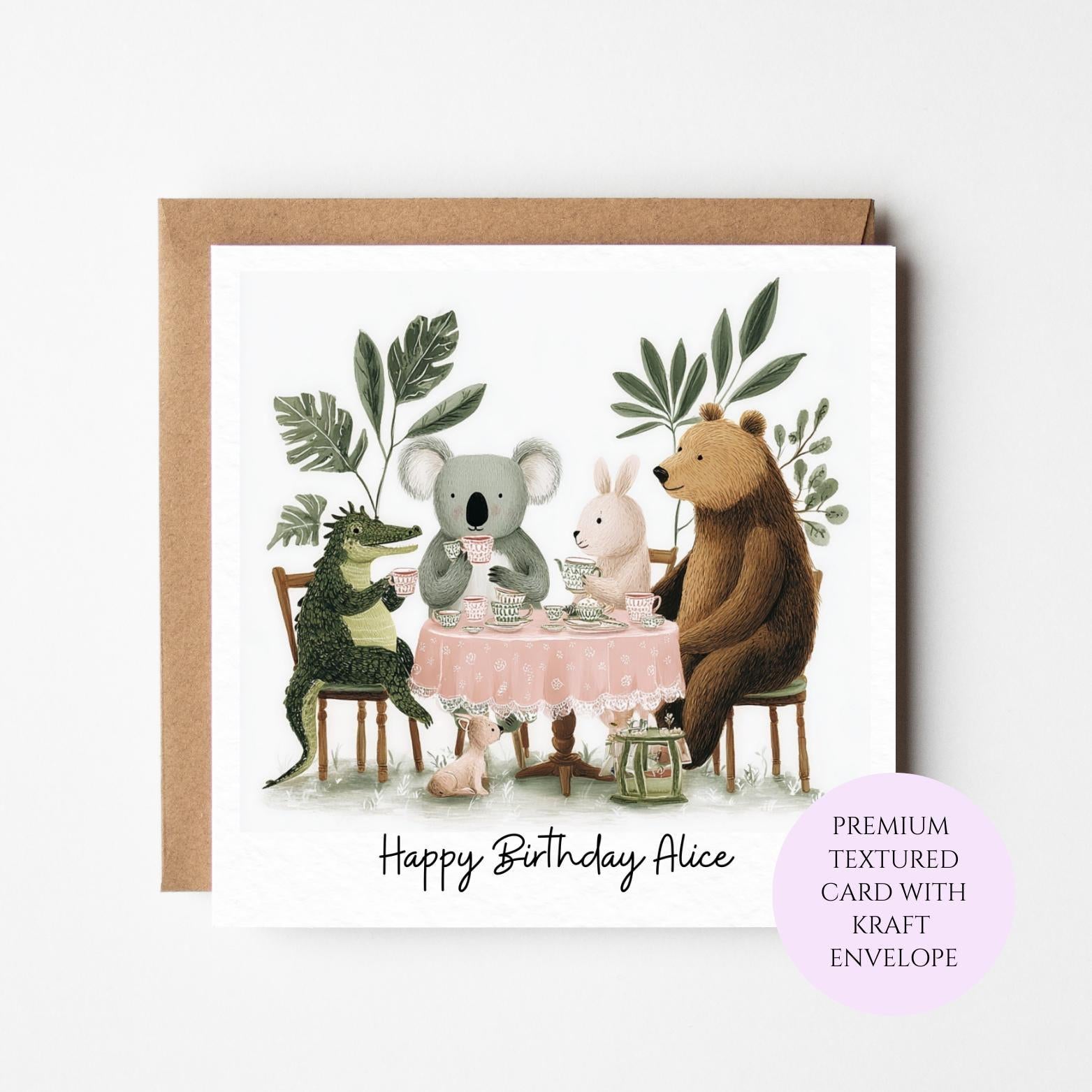 Whimsical Animal Tea Party Birthday Card for Friends, Sisters, Mums, Daughters