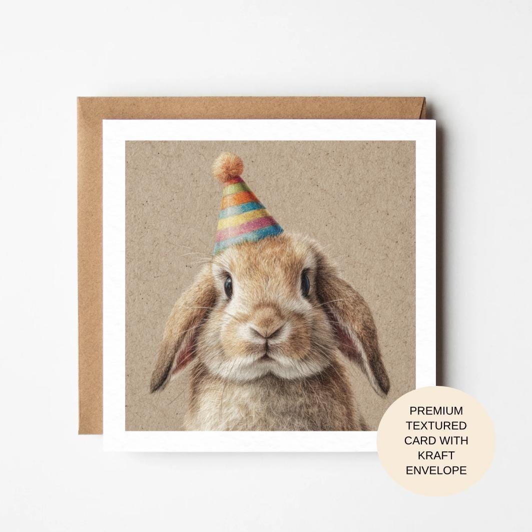 Lop Bunny Birthday Card | Hand-Drawn Animal, Party Hat, Textured Card, Kraft Envelope