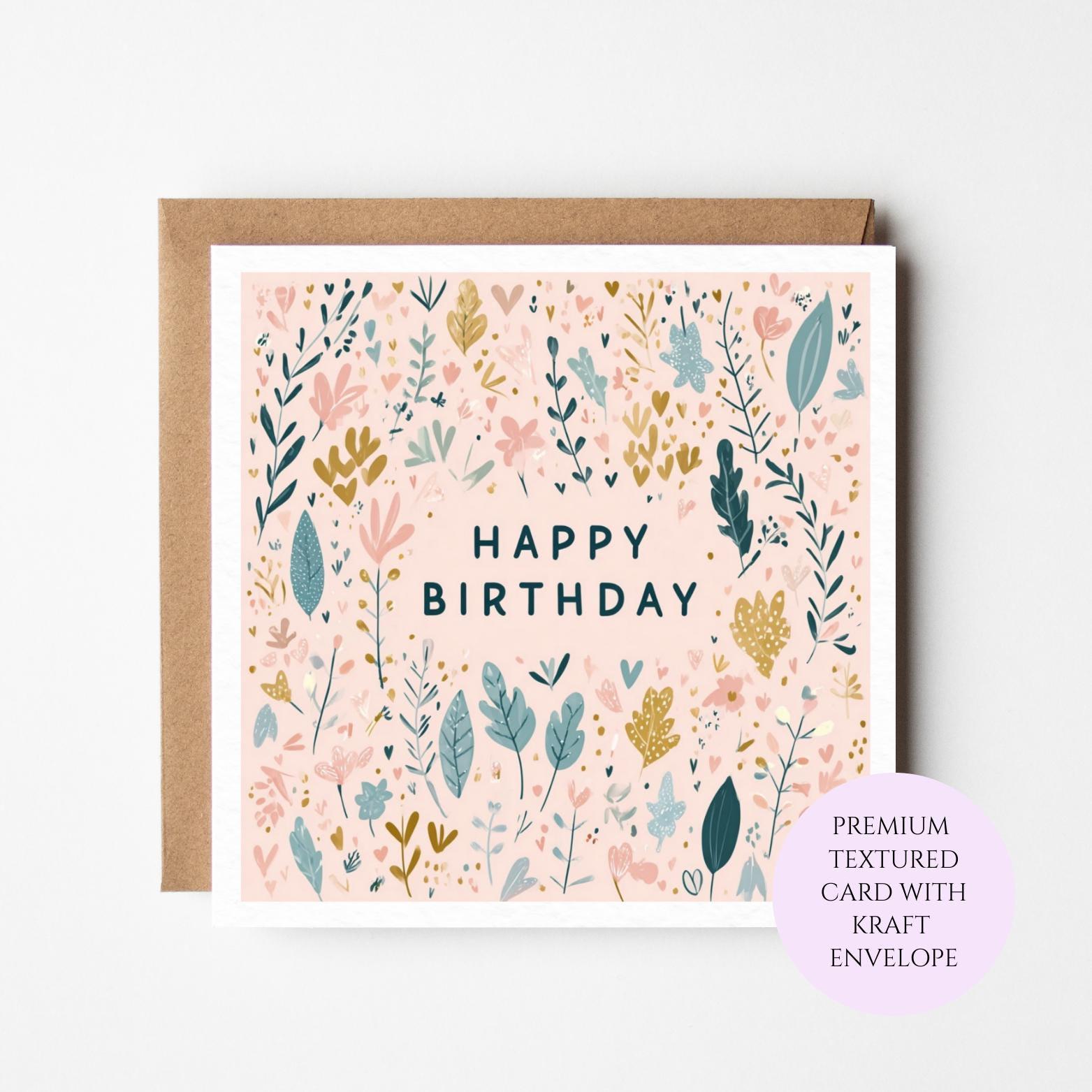 Modern Floral Birthday Card with Botanical Pattern, Kraft Envelope