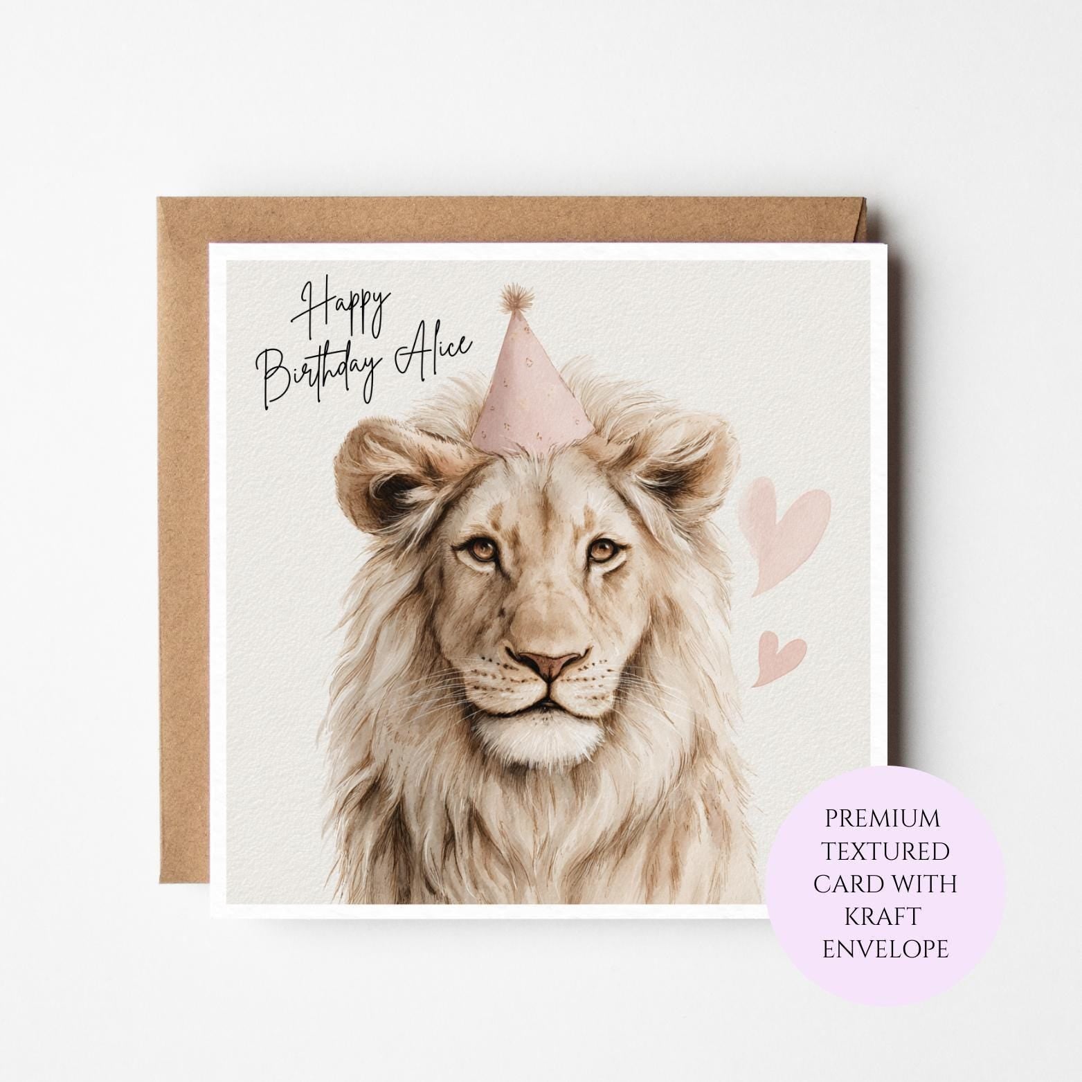 Personalised Lion Birthday Card – Watercolour Safari Animal Greeting for Her
