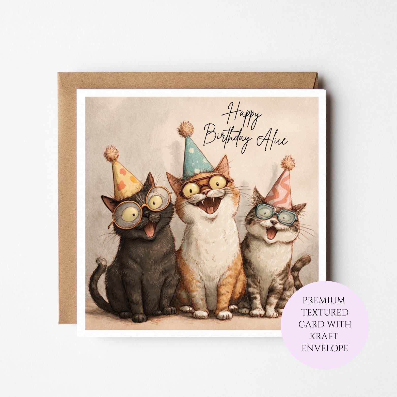 Funny Cats Birthday Card: Party Hats, Glasses, Cat Lover Gift