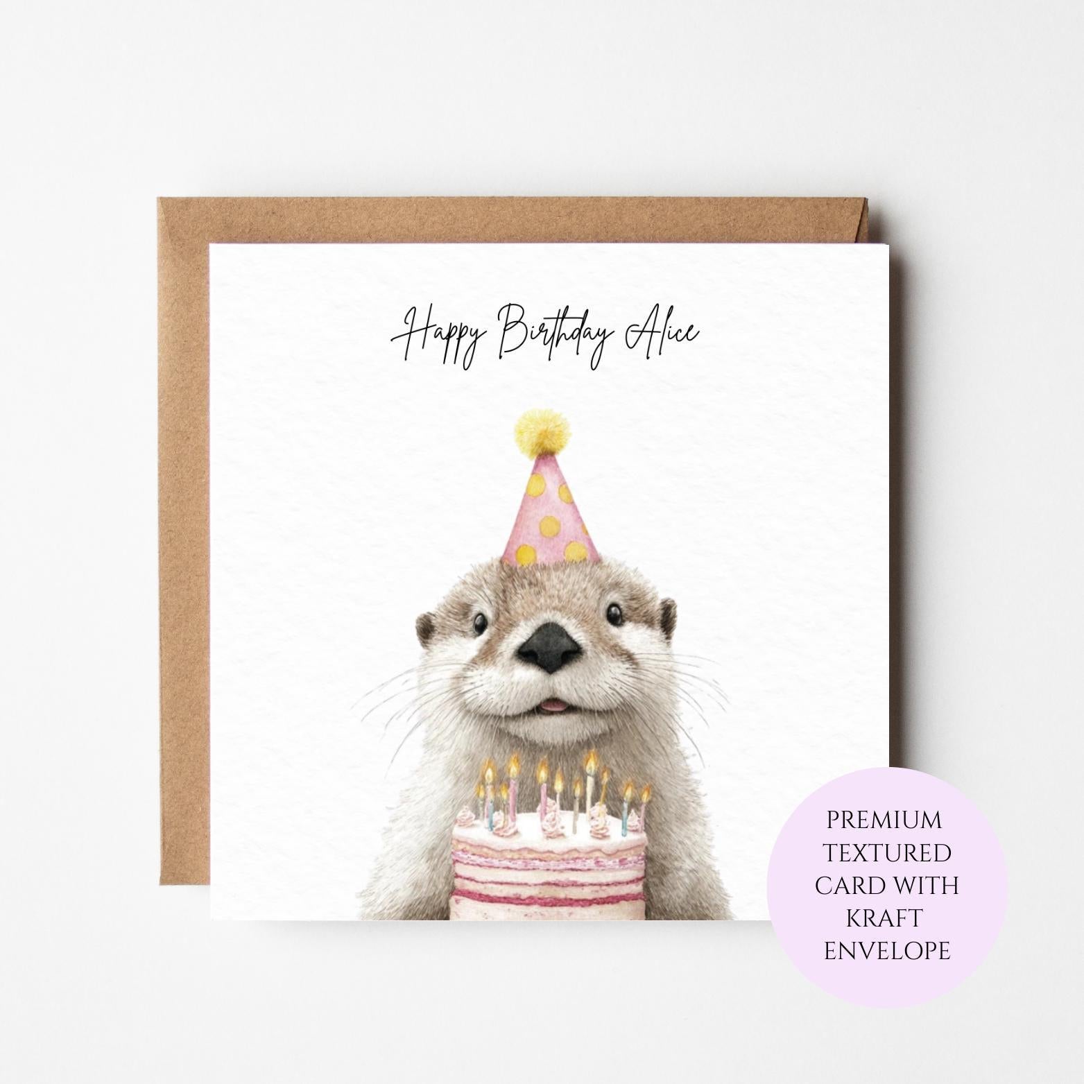 Personalised Otter Birthday Card, Whimsical Animal Illustration, Textured Card
