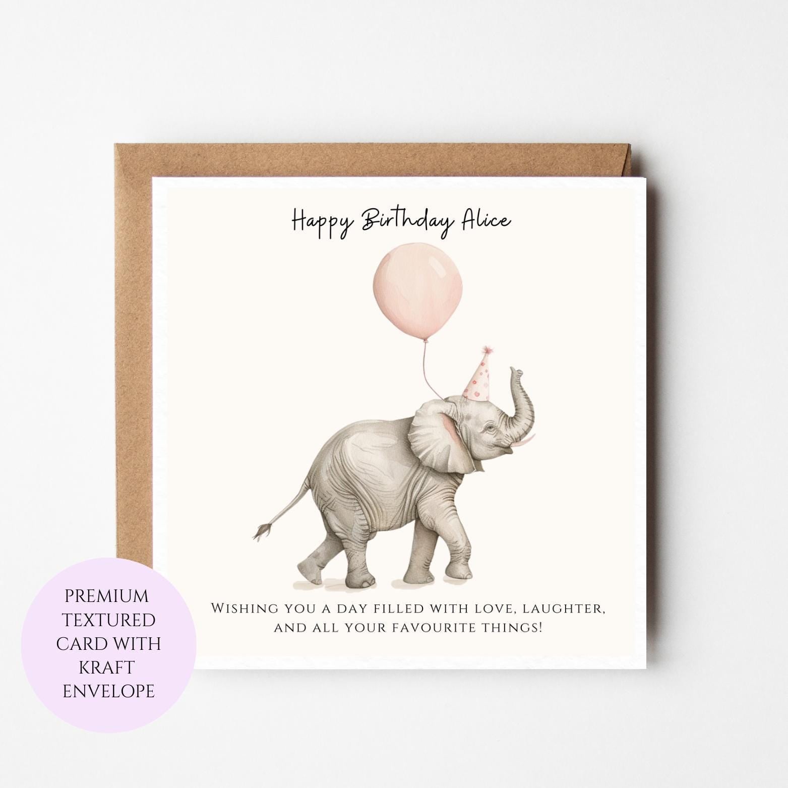 Elephant Birthday Card – Textured Cardstock, Kraft Envelope