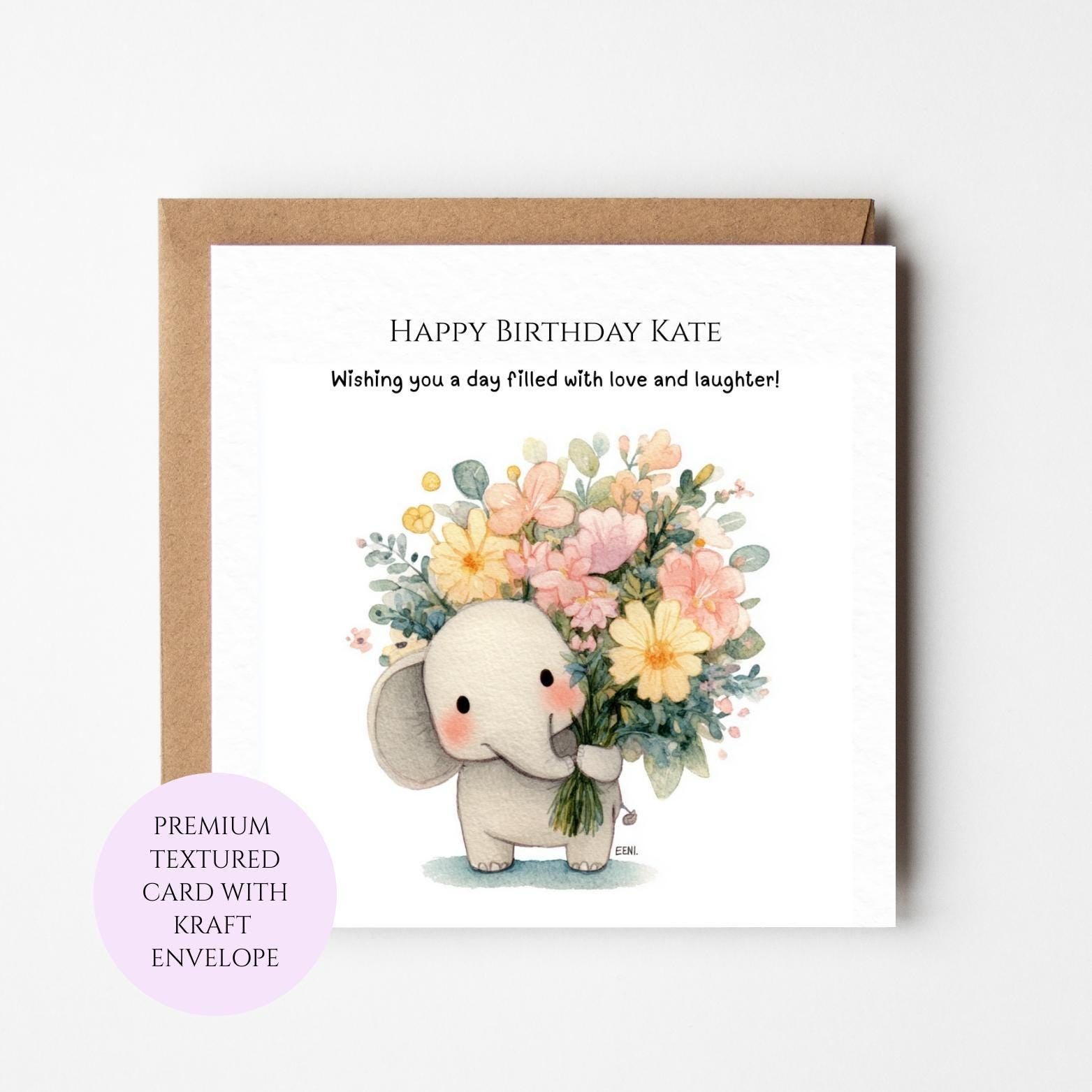 Elephant Flower Bouquet Birthday Card for Animal Lovers, Floral Wishes