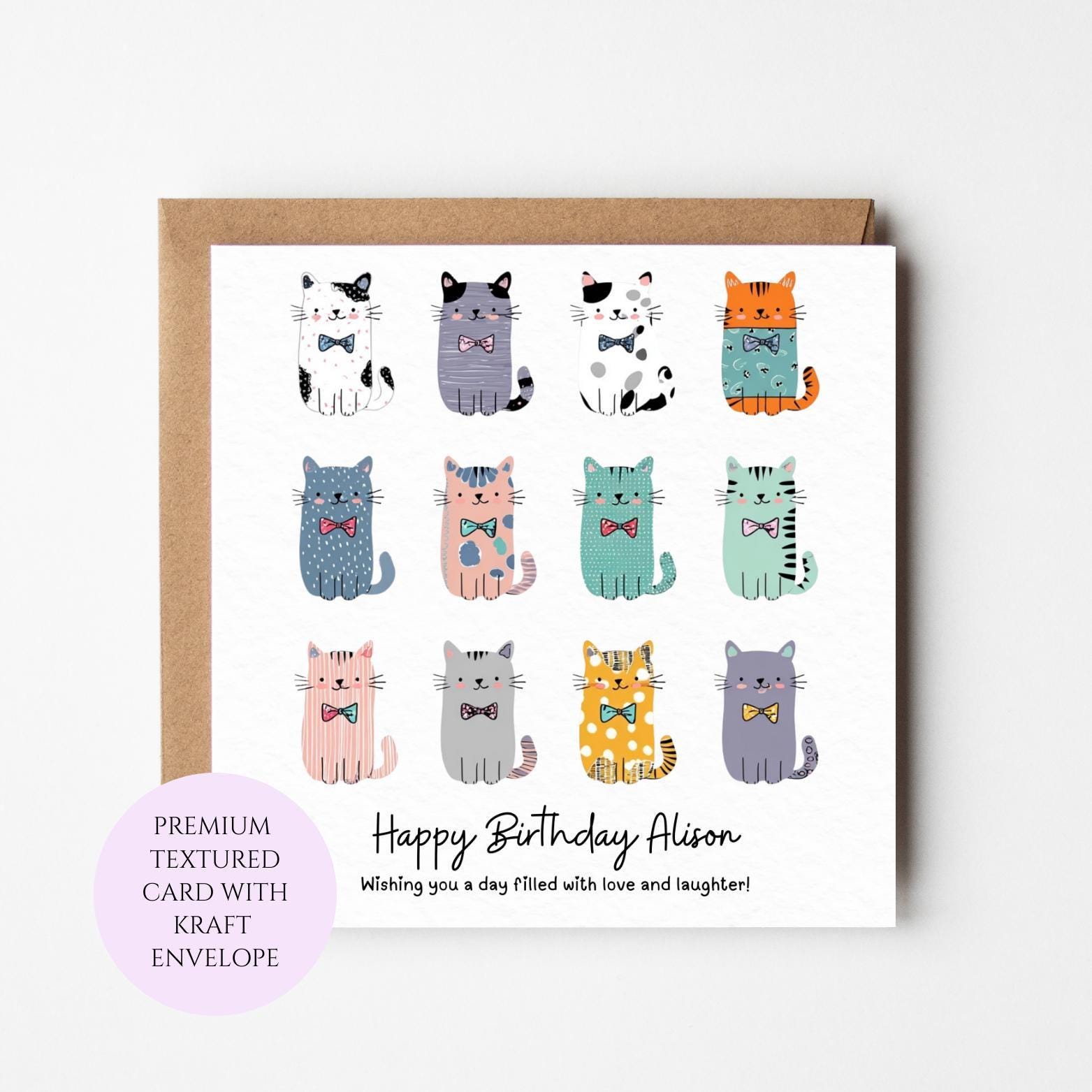 Colourful Cats Birthday Card for Cat Lover, Hand-Drawn Whimsical Feline Illustrations