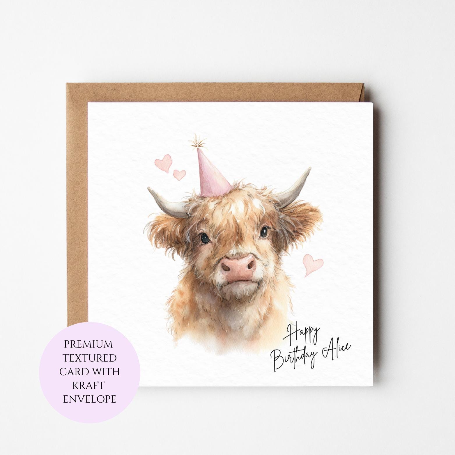 Personalised Highland Cow Birthday Card – Watercolour Farm Animal Greeting for Her