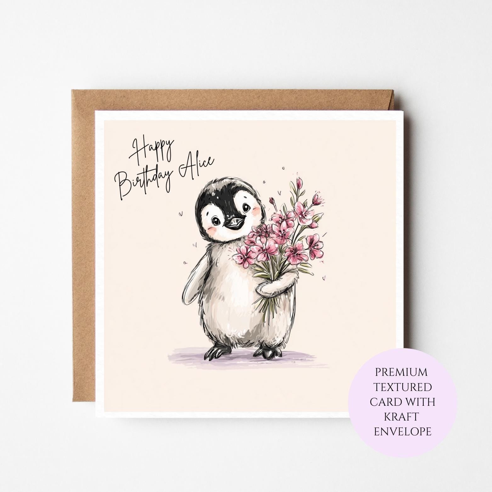 Personalised Birthday Card: Penguin with Flowers for Mum, Sister, Friend
