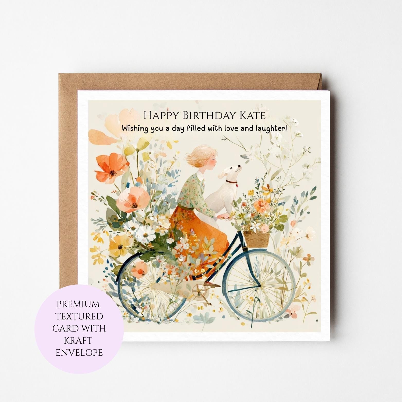 Birthday Card: Girl on Bicycle with Dog, Friend, Dog Lover (5x7 inches)
