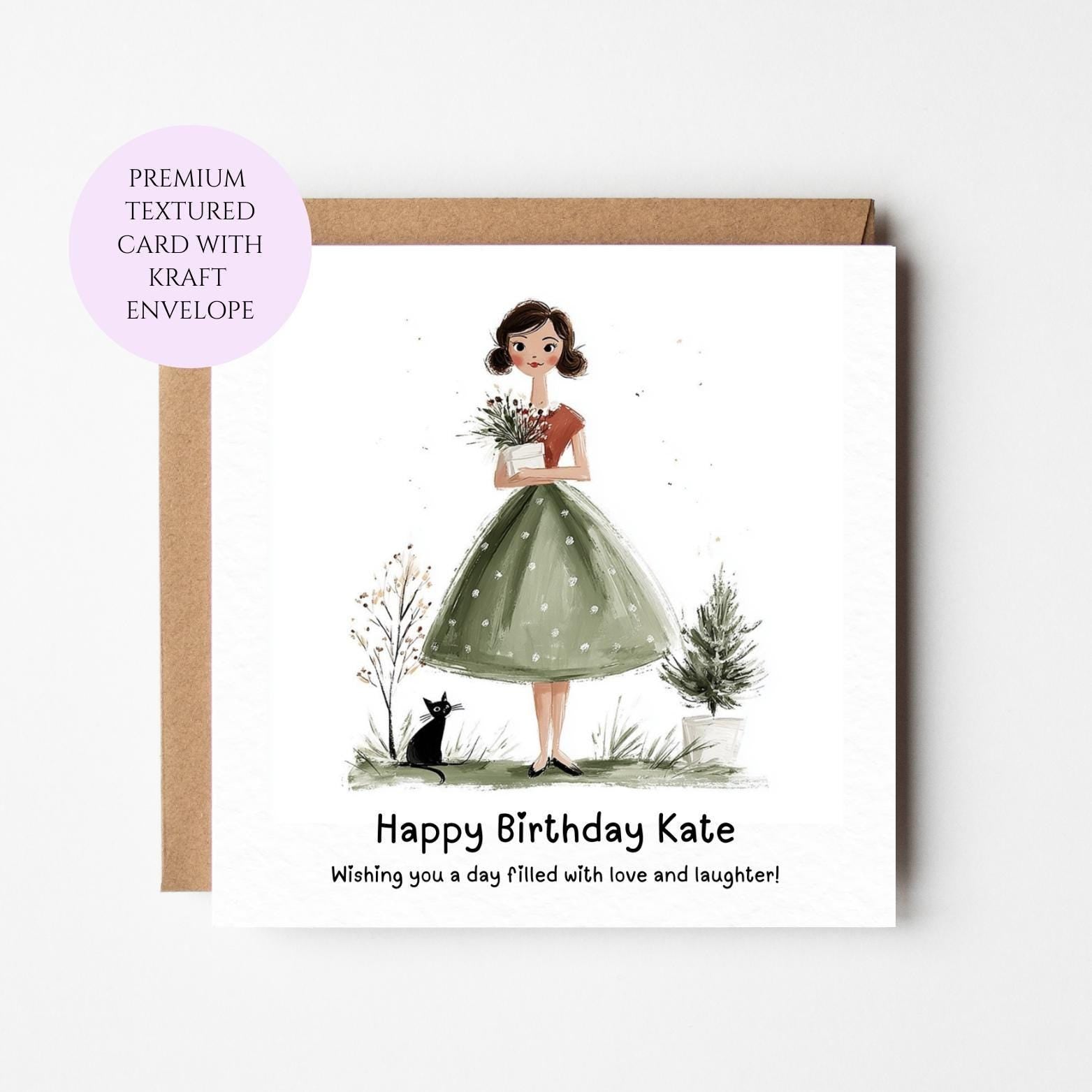 Cat Lover Birthday Card for Friend Sister, Whimsical Illustration (Kraft Envelope)