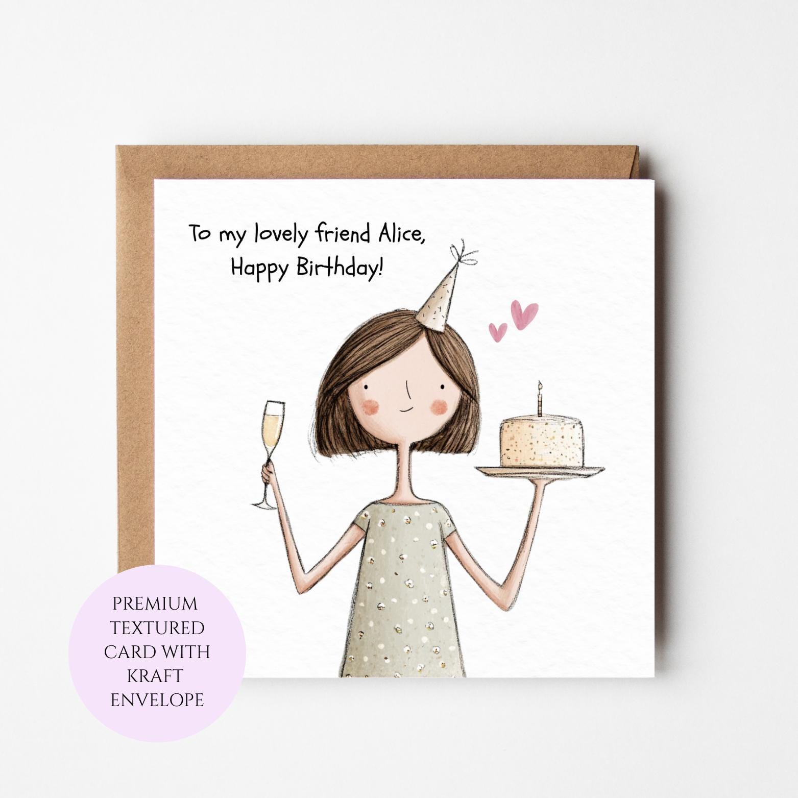 Friend Birthday Card, Elegant Illustration, Textured Card, Kraft Envelope