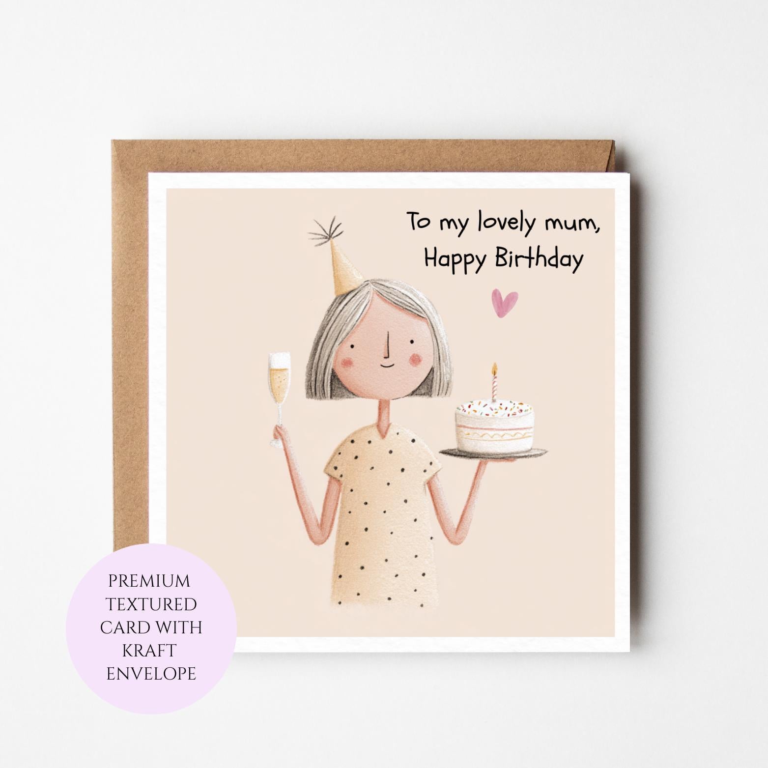 Birthday Card for Mum, Illustrated Celebration Cake, Textured Card Kraft Envelope