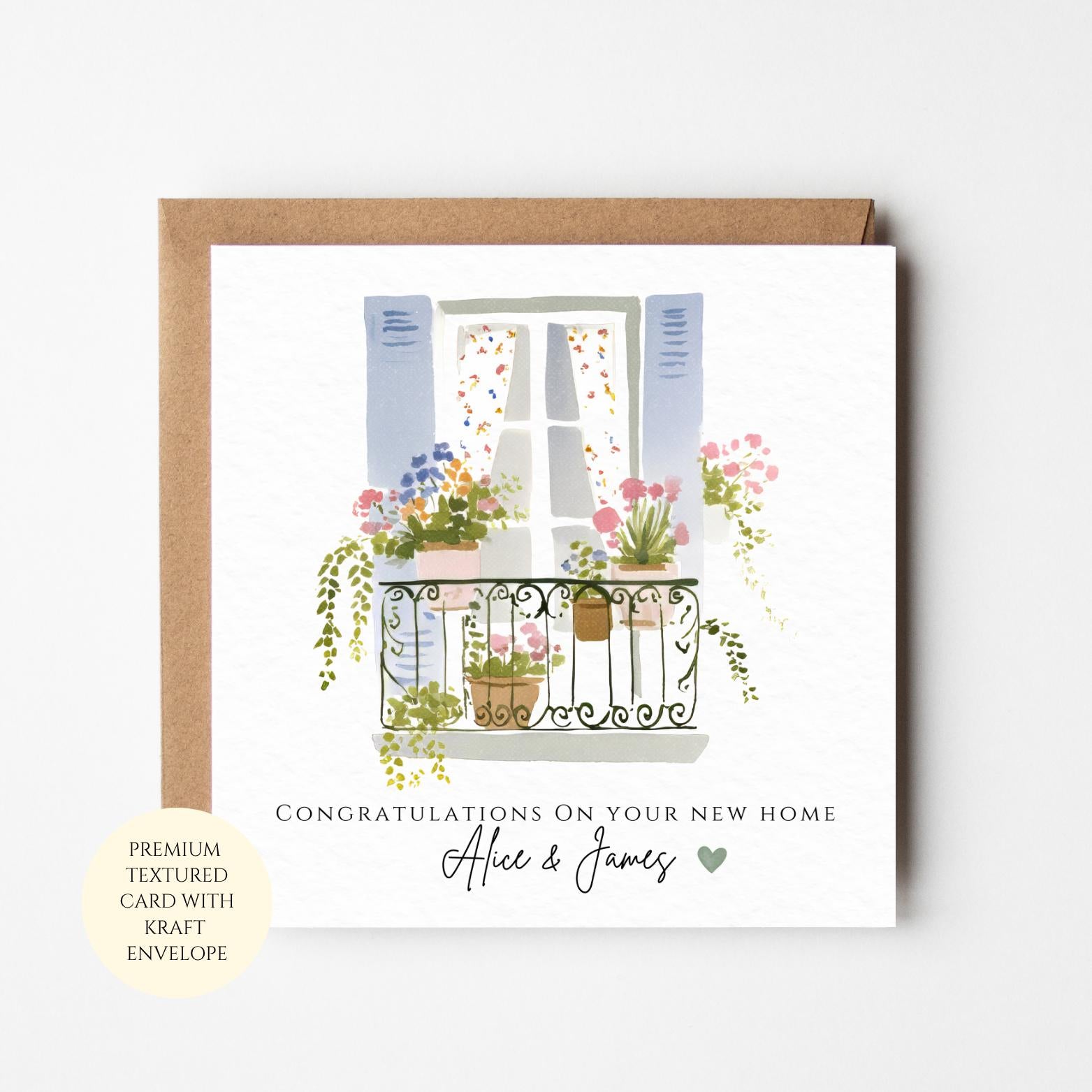 Personalized New Home Card - Floral Balcony Housewarming Design