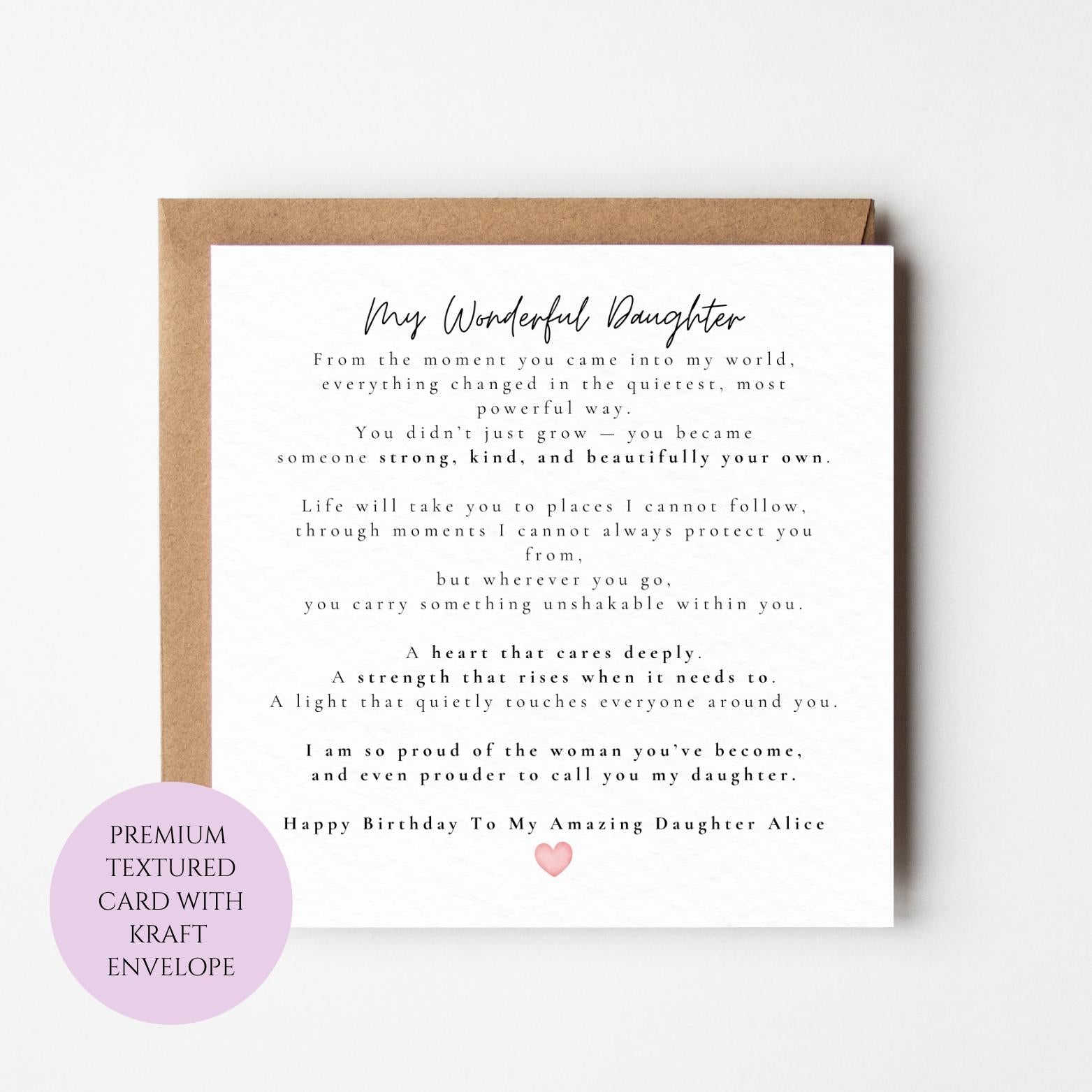 Personalised Daughter Birthday Card, Heartfelt Message, Proud Woman, Keepsake Gift