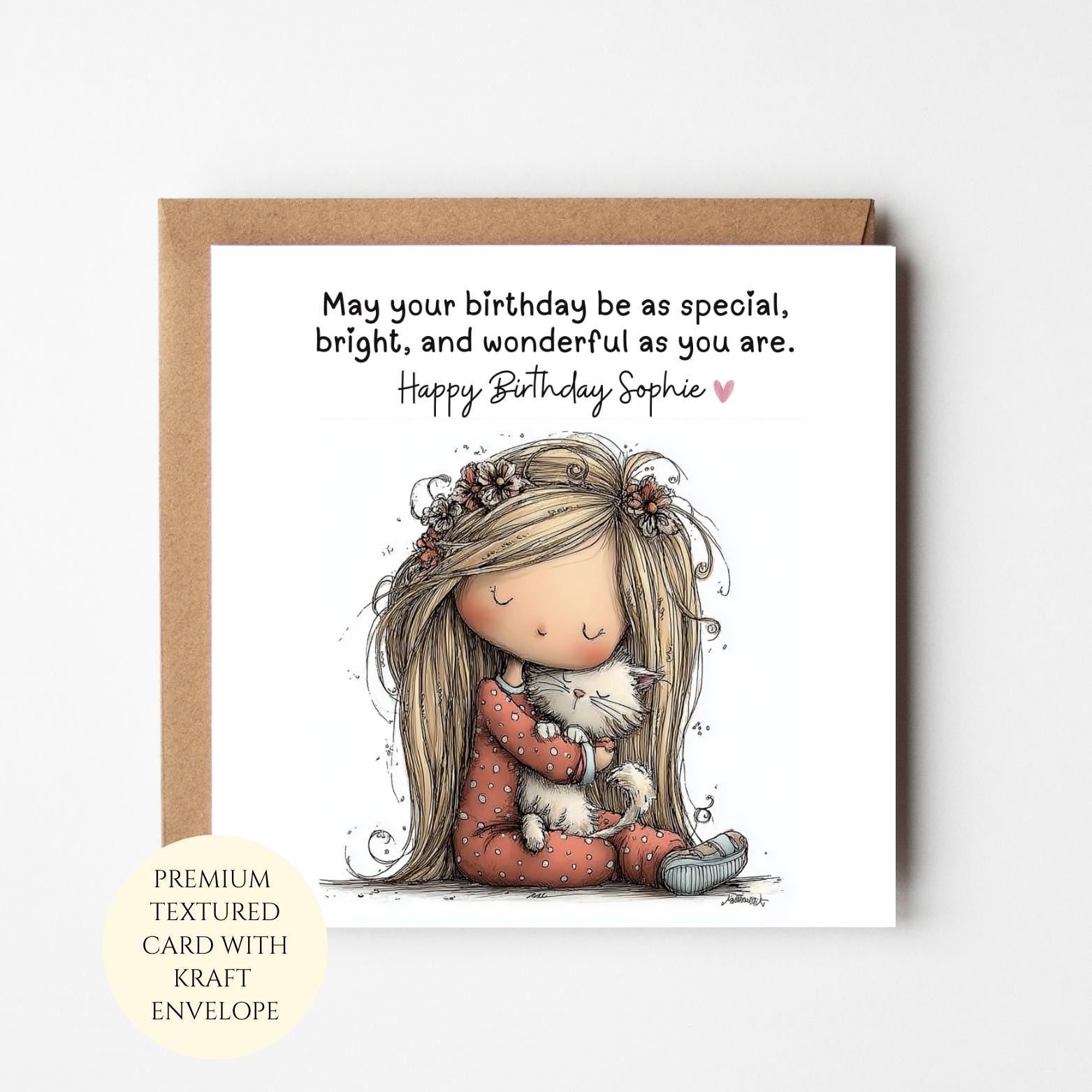 Personalised Girl With Cat Birthday Card For Her Cat Lover