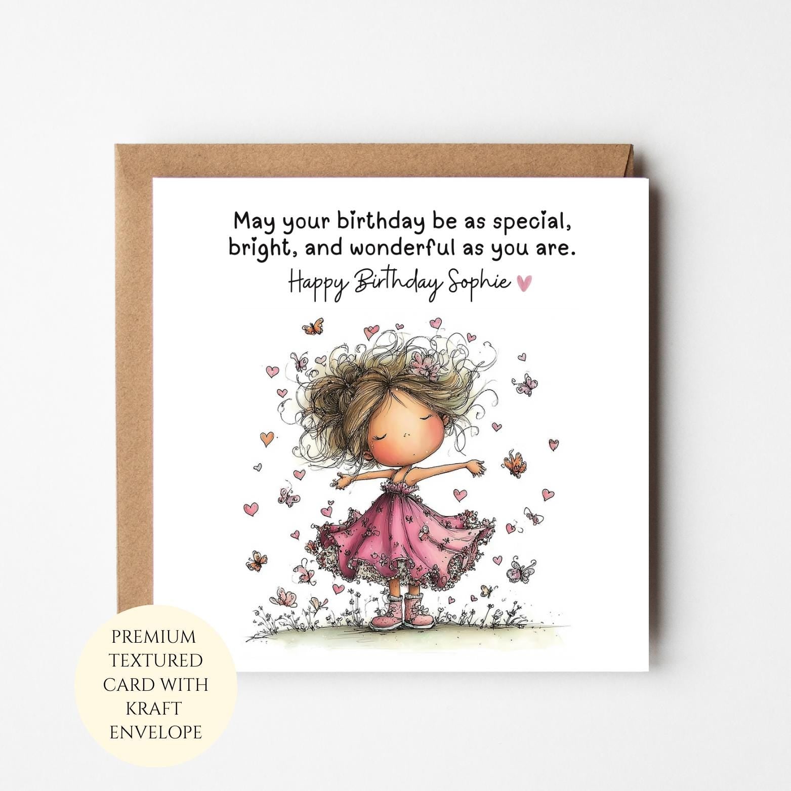 Personalised Dancing Girl Birthday Card for Her, Kraft Envelope