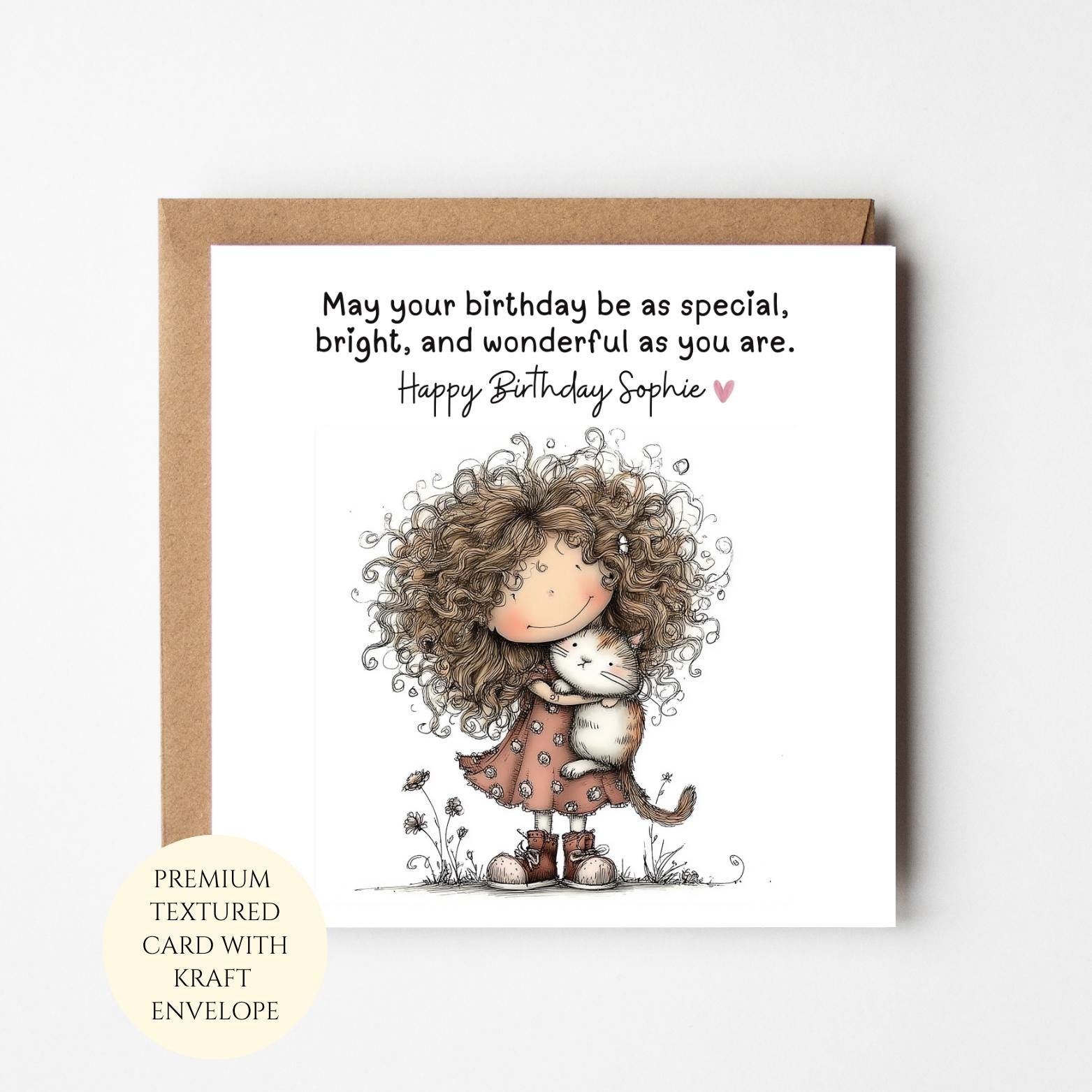 Personalised Birthday Card: Girl Hugging Cat Illustration, For Her
