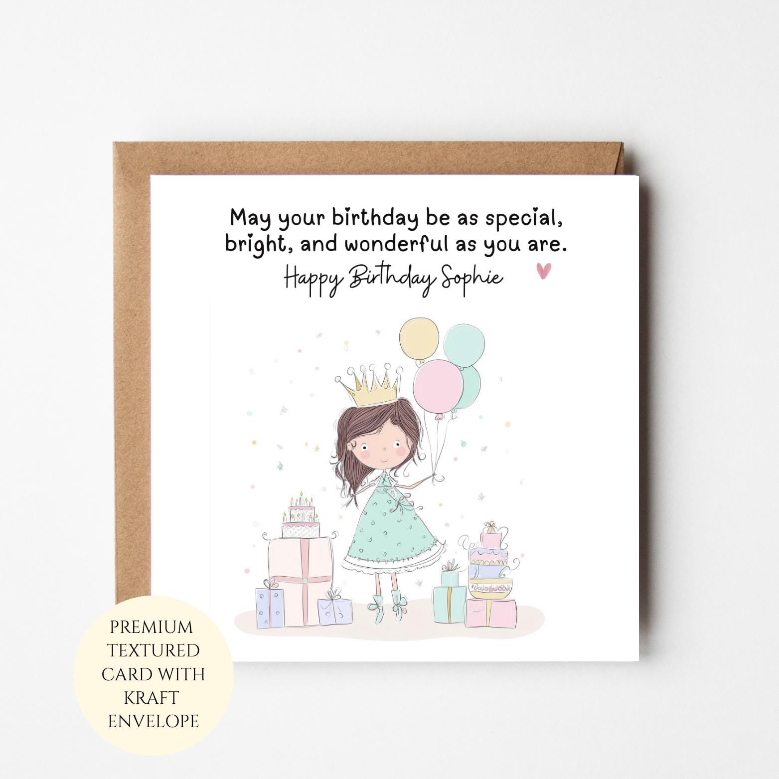 Personalised Birthday Card: Girl with Balloons, Princess Crown, Gifts (Kraft Envelope)