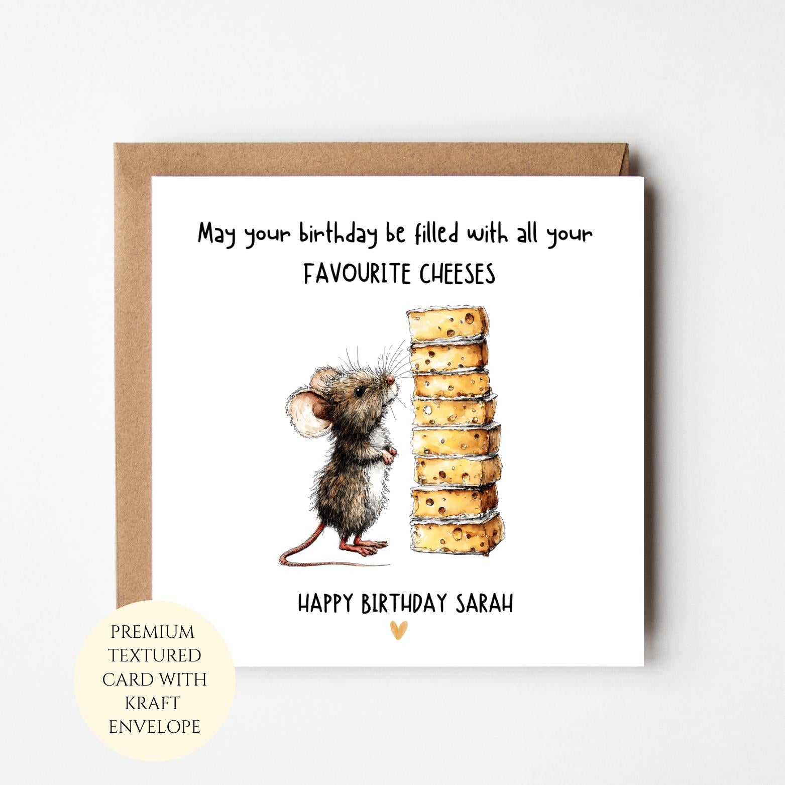 Funny Cheese Birthday Card for Her, Food Lover Greeting Card, Mouse Illustration