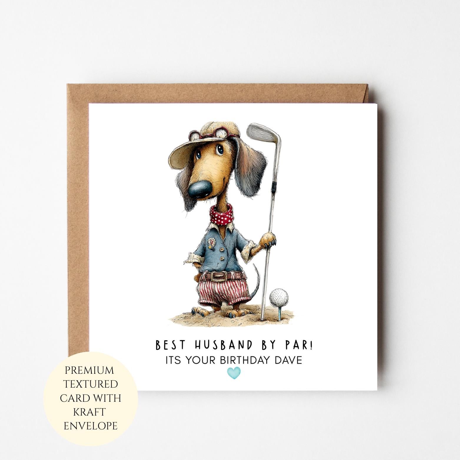 Personalised Dachshund Golf Birthday Card for Husband, Dad – Funny Golfer Card