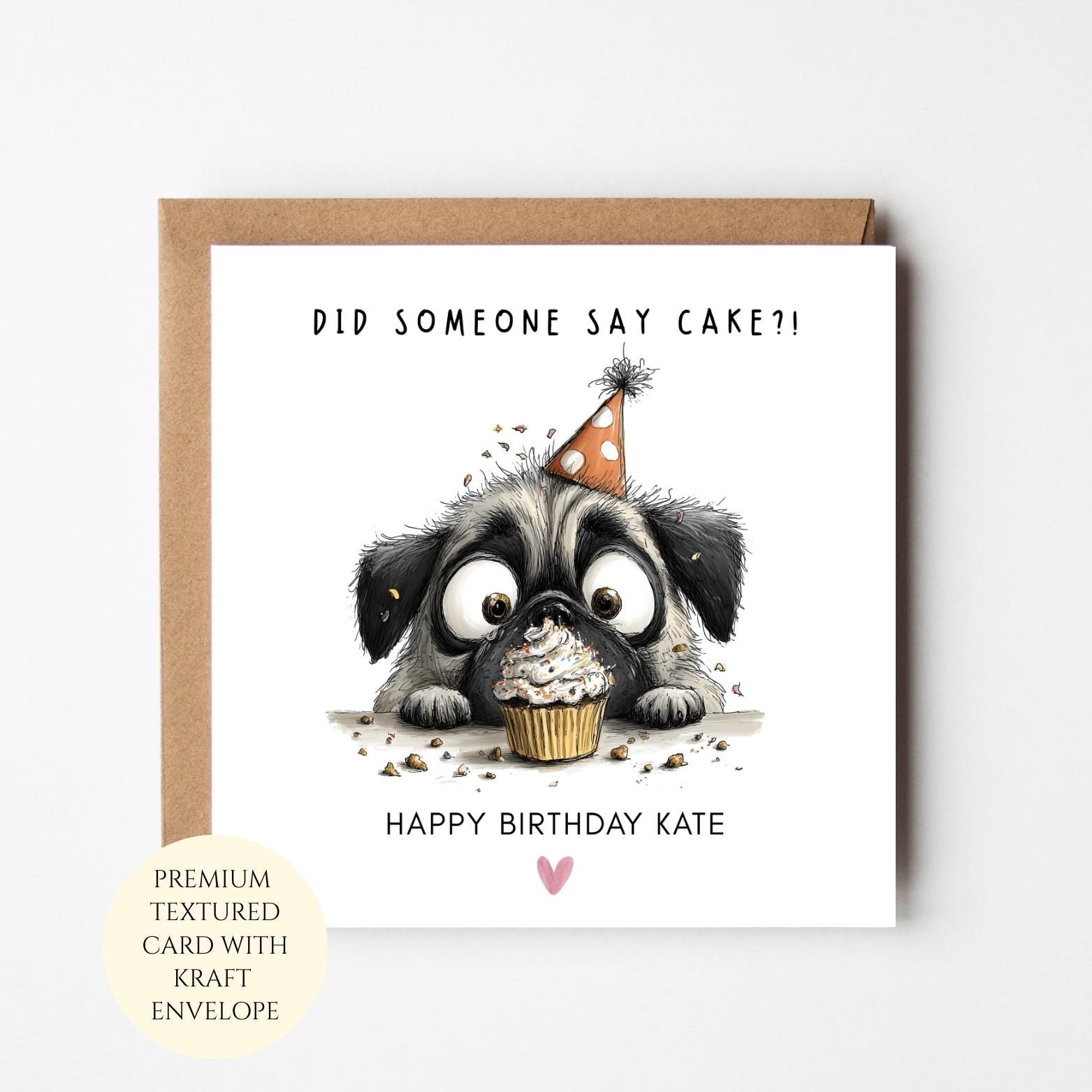Funny Pug Birthday Card: Puppy With Cupcake, Personalised Greeting for Her
