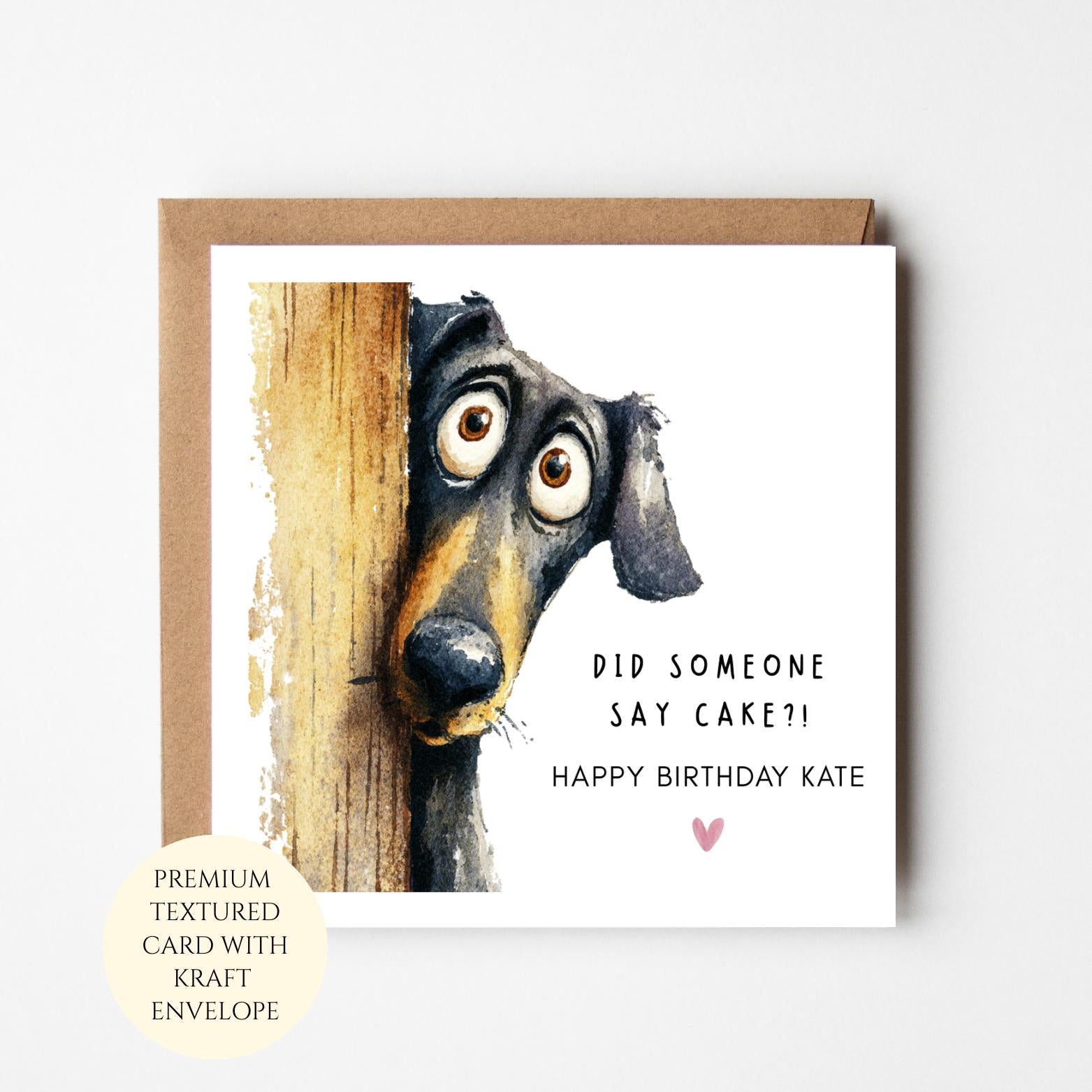 Personalised Dachshund Birthday Card: Funny Sausage Dog For Her (Happy Birthday Kate)