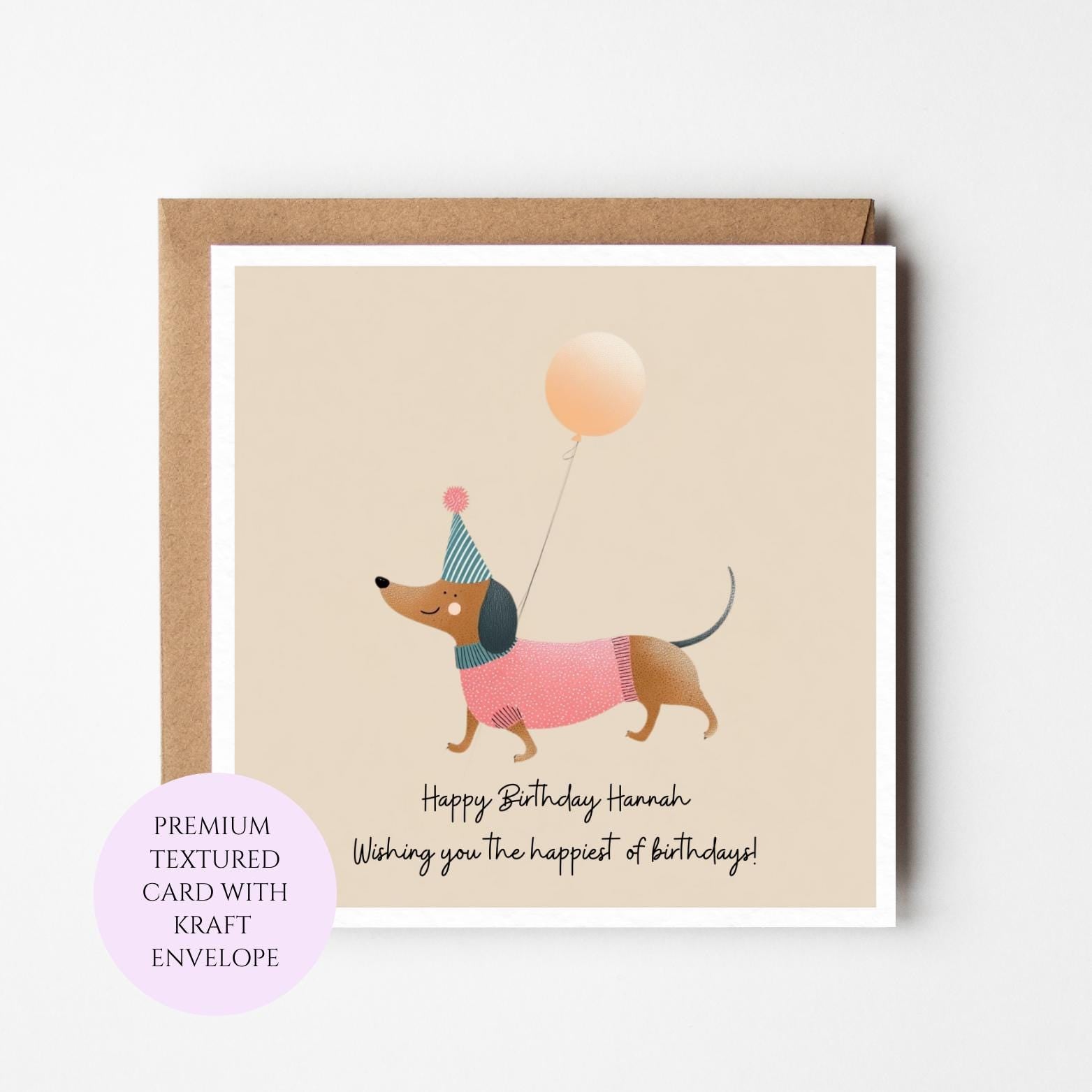 Sausage Dog Birthday Card, Dachshund Illustration, Balloon Party Hat, For Her