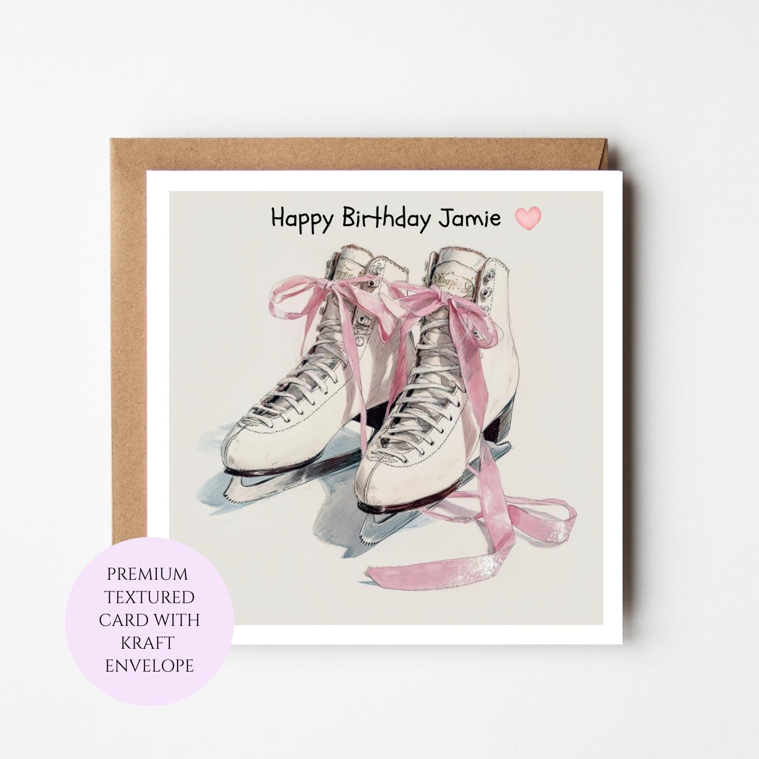 Elegant Pink Ice Skates Birthday Card, Figure Skating Gift for Her