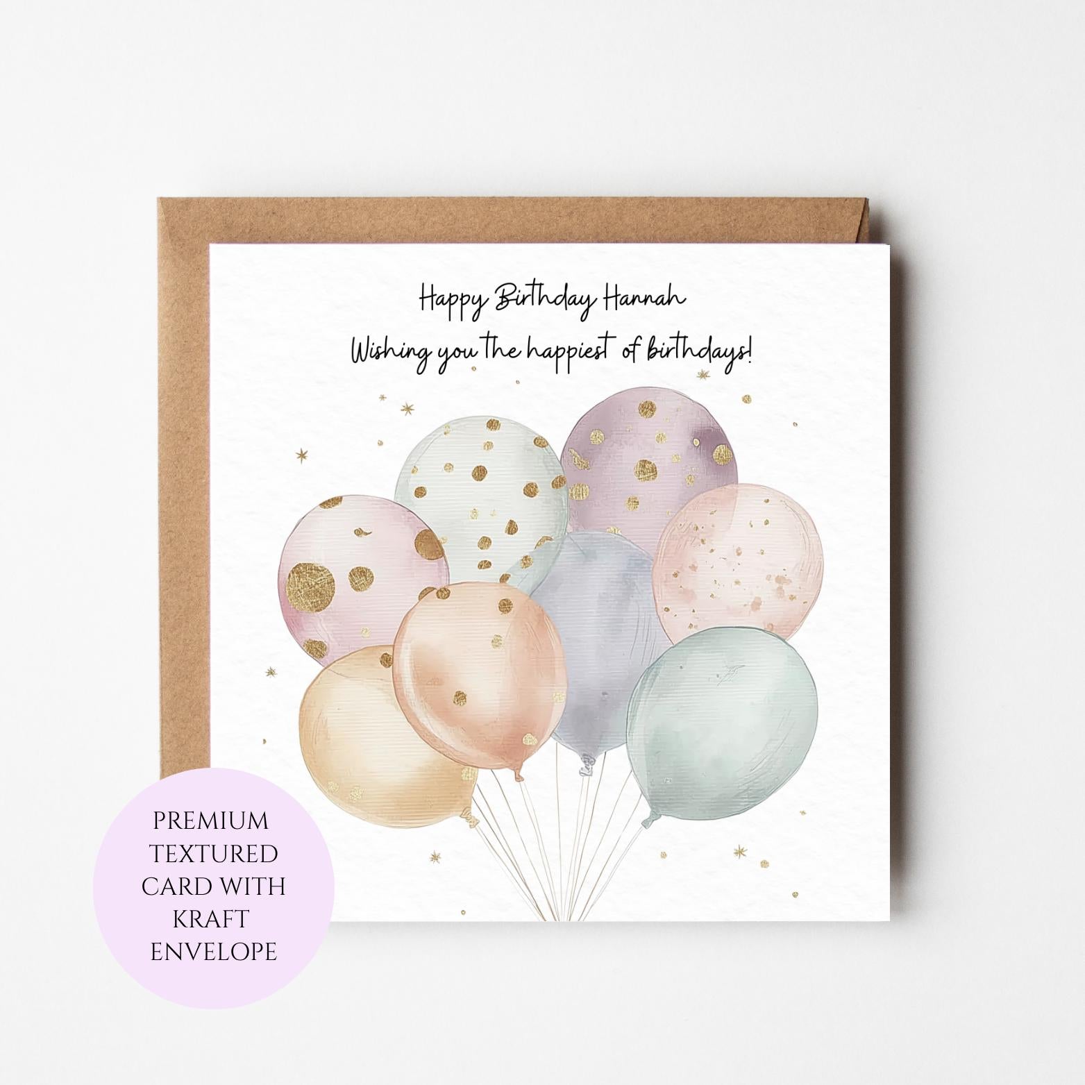 Pastel Balloon Birthday Card, Gold Dot Accents, Feminine Design, Kraft Envelope