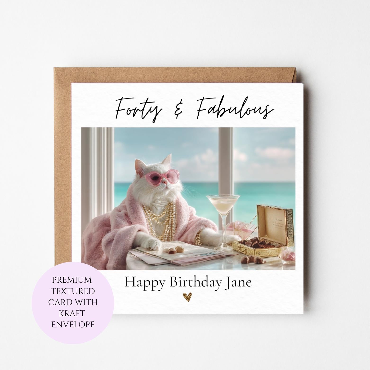 Forty & Birthday Card, Coastal Glam Cat, Stylish Woman, Milestone Celebration