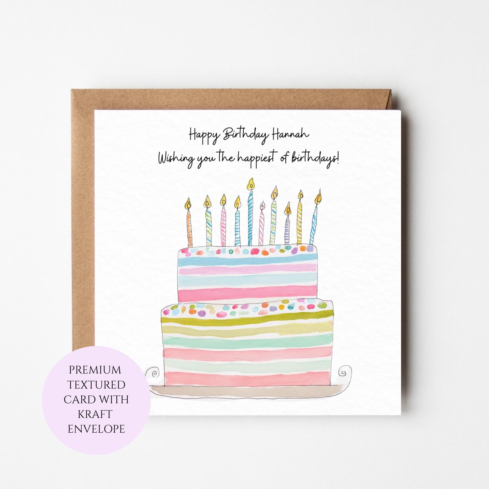 Pastel Layer Cake Birthday Card, Watercolor Candles, Greeting Card (Kraft Envelope)